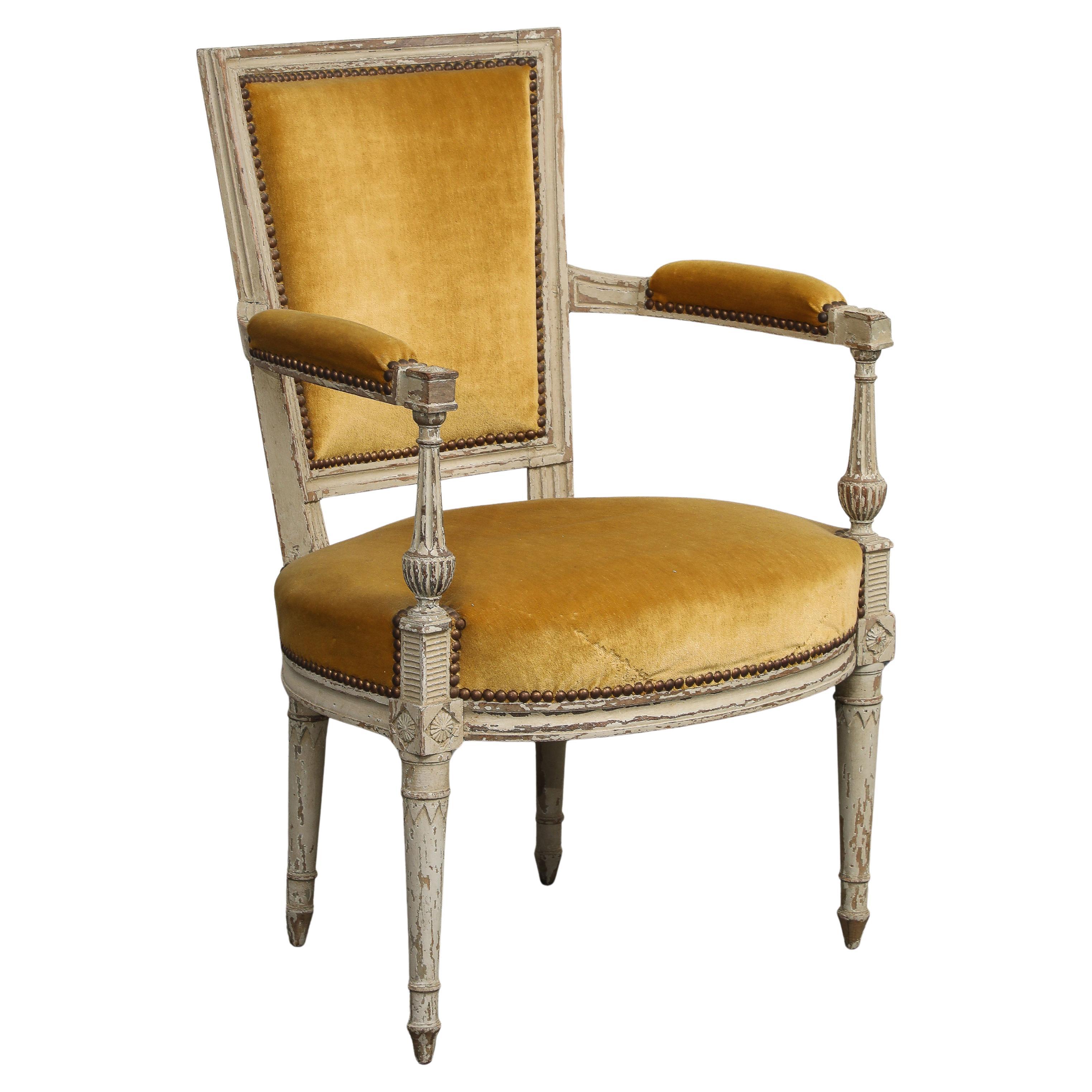 19th C. French Directoire Carved Walnut Armchair with Gold Velvet Upholstery For Sale