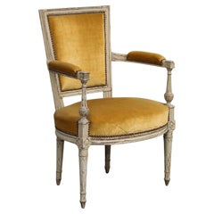 19th C. French Directoire Carved Walnut Armchair with Gold Velvet Upholstery