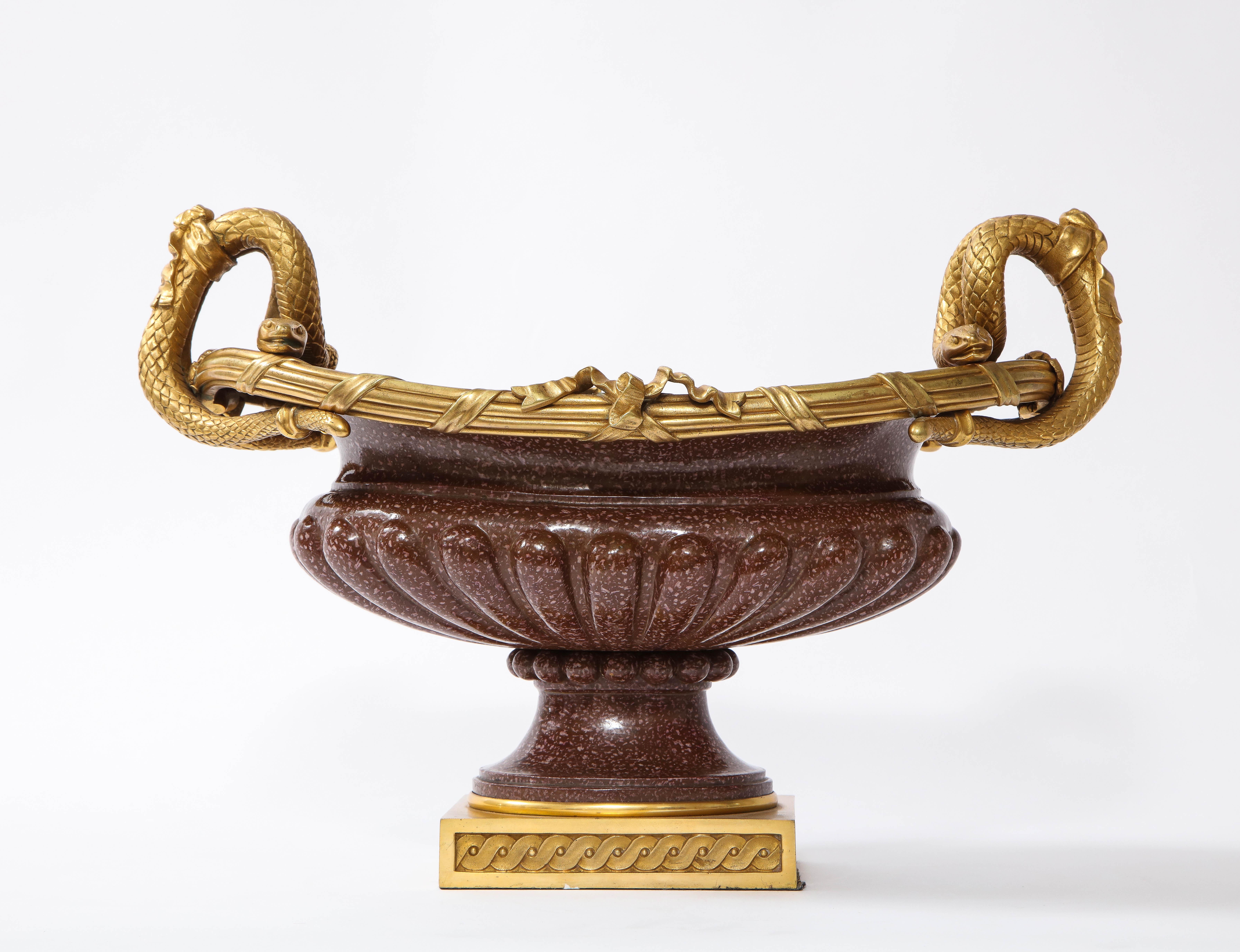 Gilt 19th C French Dore Bronze Mtd Snake Handle & Faux Porphyry Porcelain Centerpiece For Sale