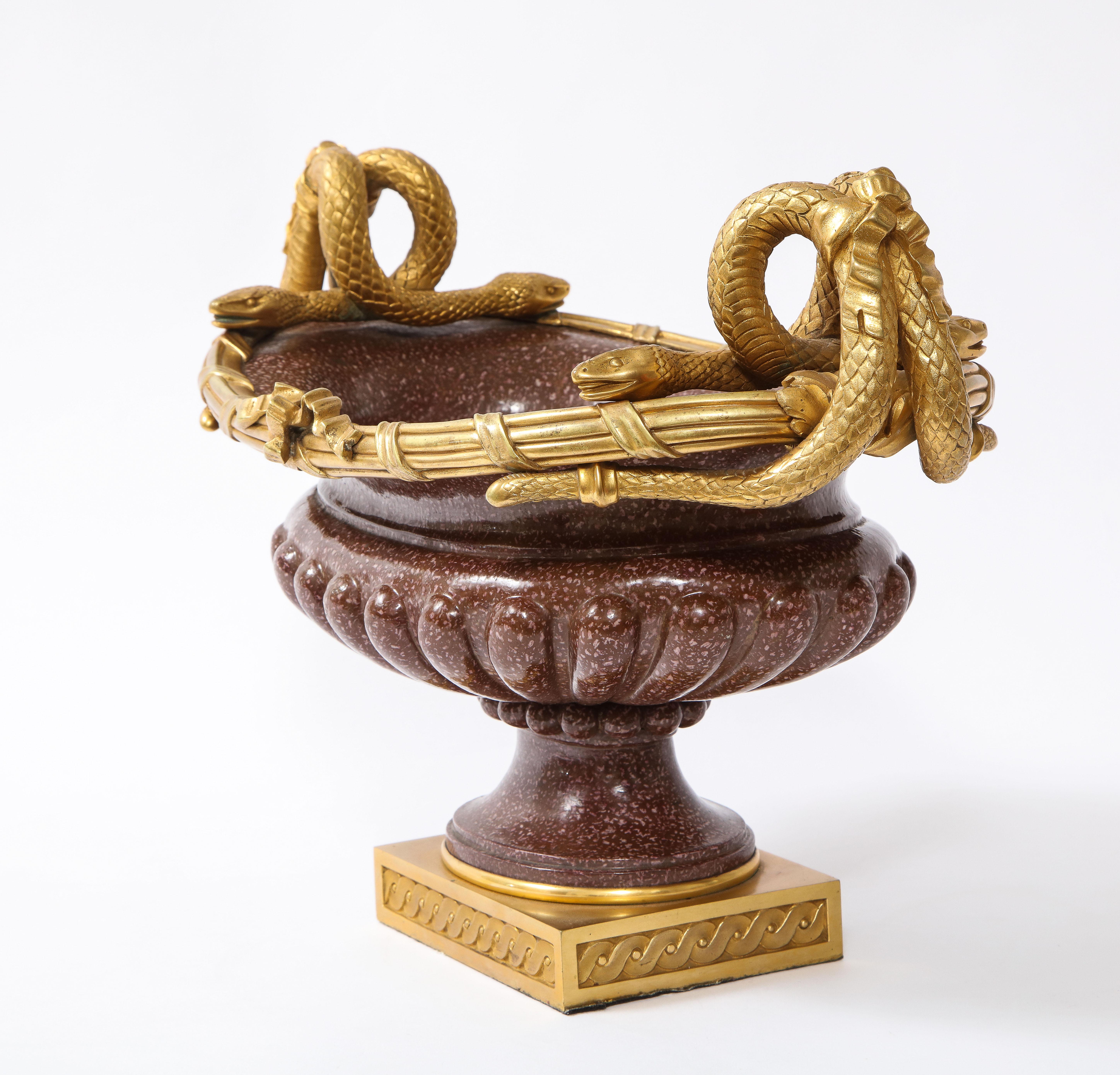 19th C French Dore Bronze Mtd Snake Handle & Faux Porphyry Porcelain Centerpiece In Good Condition For Sale In New York, NY