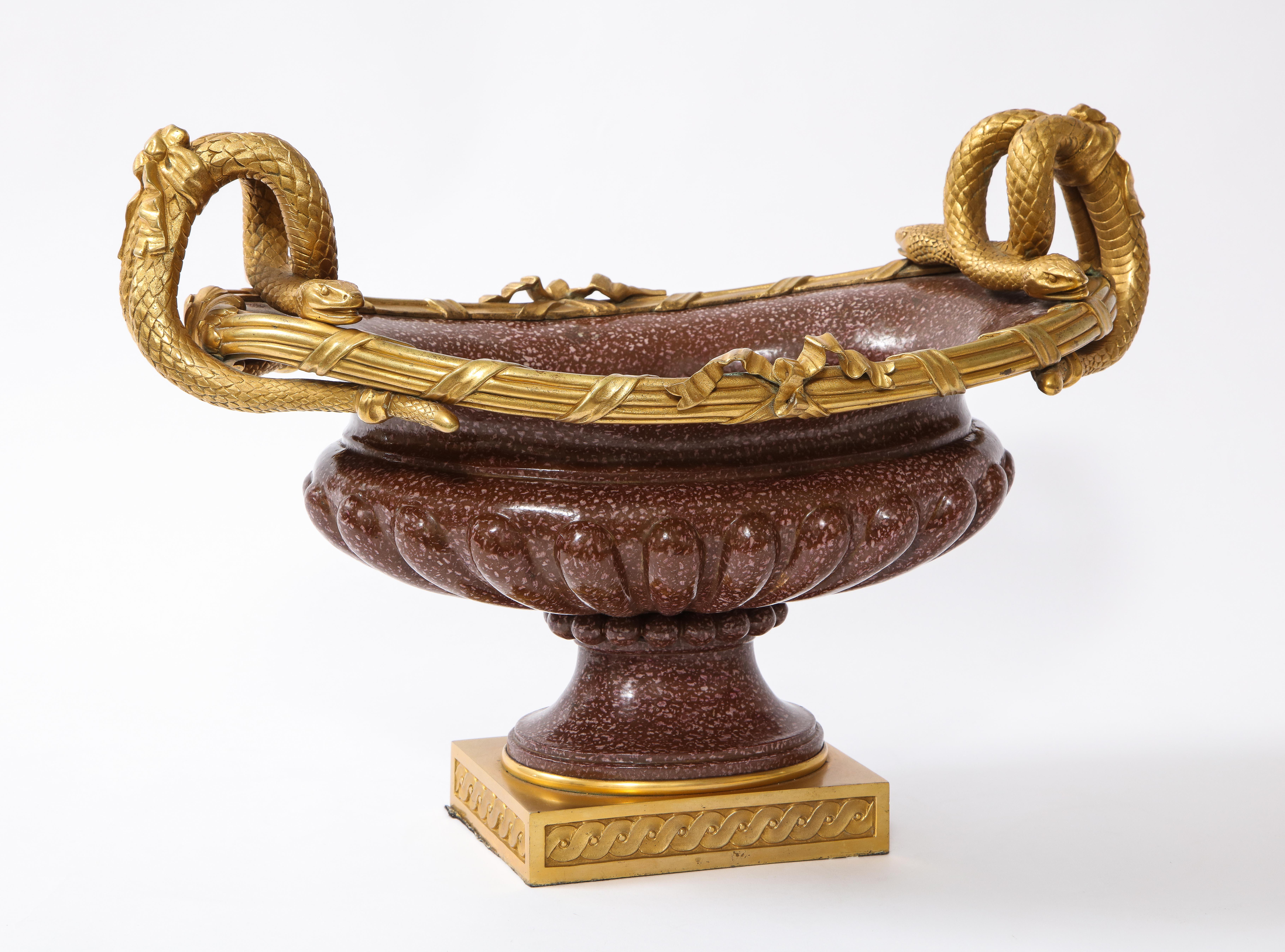 Mid-19th Century 19th C French Dore Bronze Mtd Snake Handle & Faux Porphyry Porcelain Centerpiece For Sale