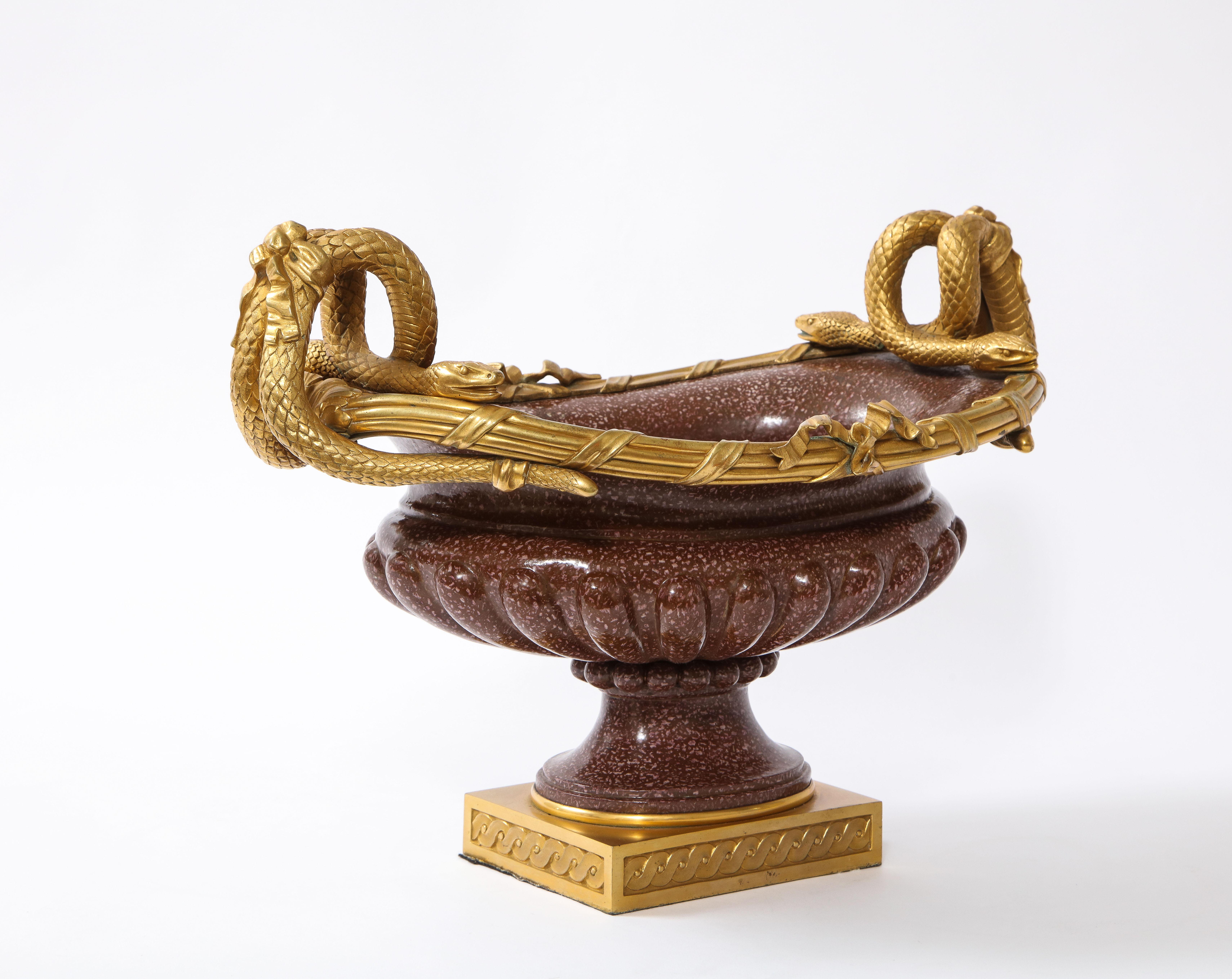 19th C French Dore Bronze Mtd Snake Handle & Faux Porphyry Porcelain Centerpiece For Sale 1