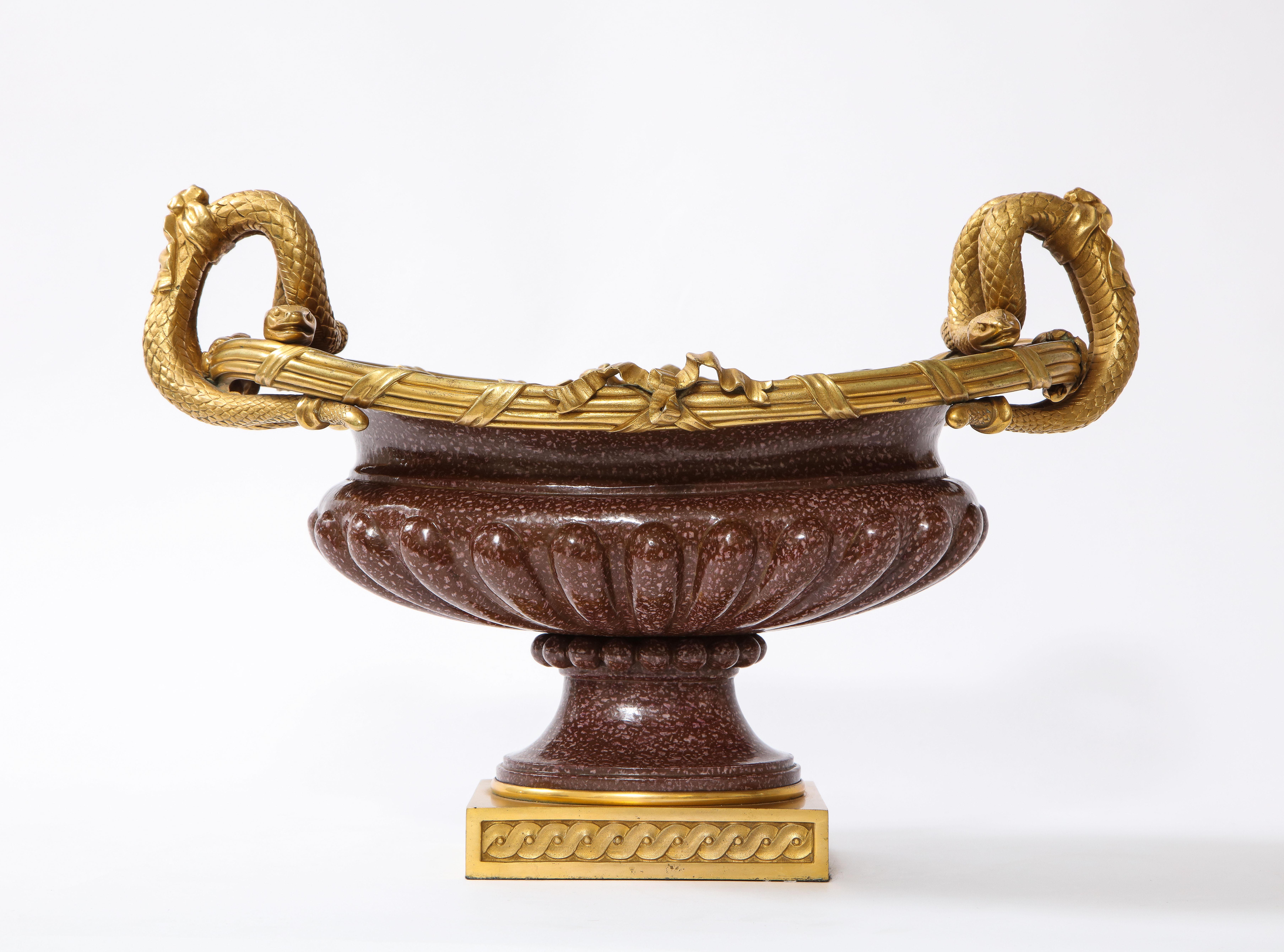 19th C French Dore Bronze Mtd Snake Handle & Faux Porphyry Porcelain Centerpiece For Sale 2