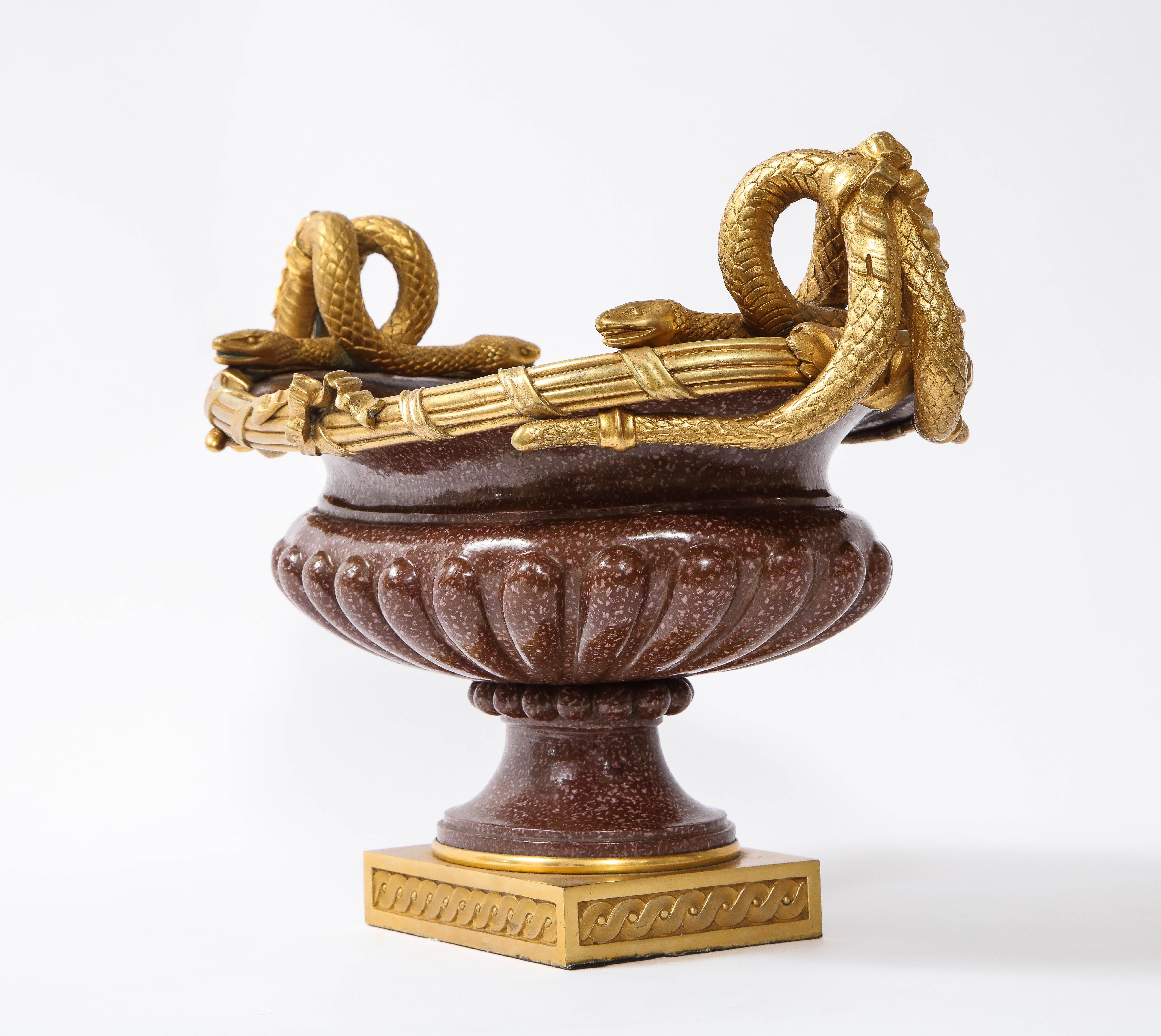 19th C French Dore Bronze Mtd Snake Handle & Faux Porphyry Porcelain Centerpiece For Sale 3