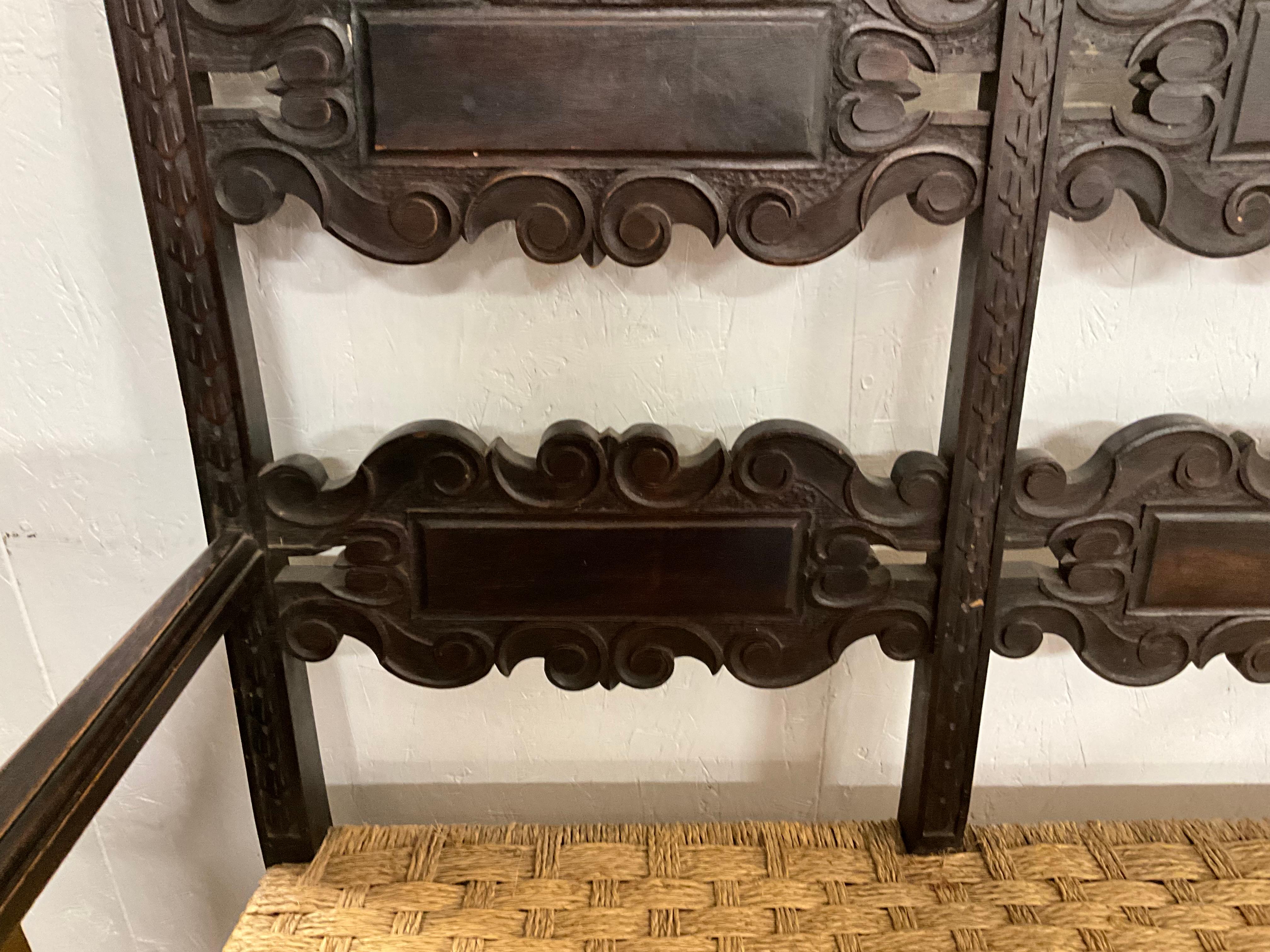 19th-C. French Ebonized Carved Oak Settee With Rush Seat & Silk Down Cushion In Good Condition For Sale In Kennesaw, GA