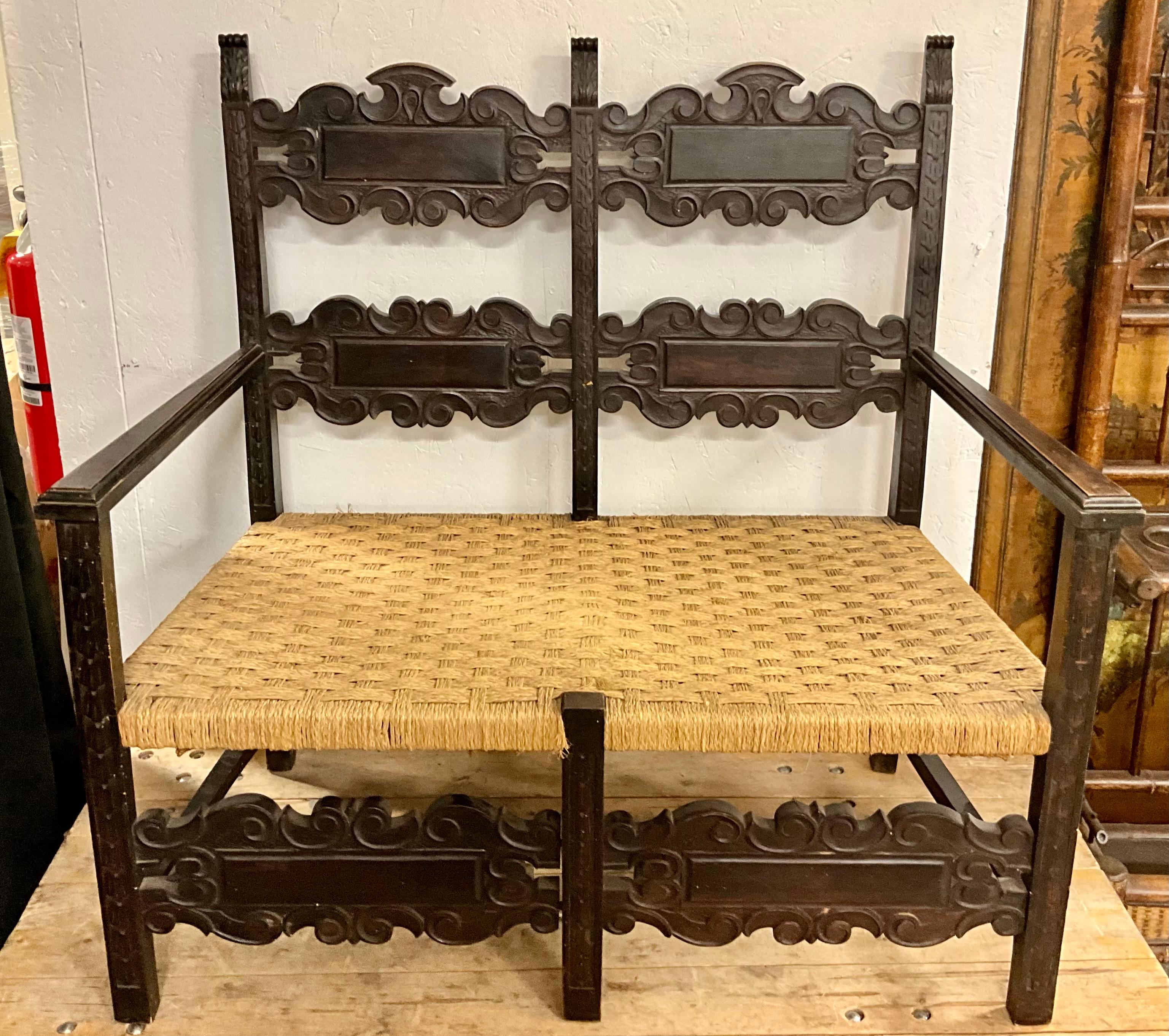 19th-C. French Ebonized Carved Oak Settee With Rush Seat & Silk Down Cushion For Sale 1
