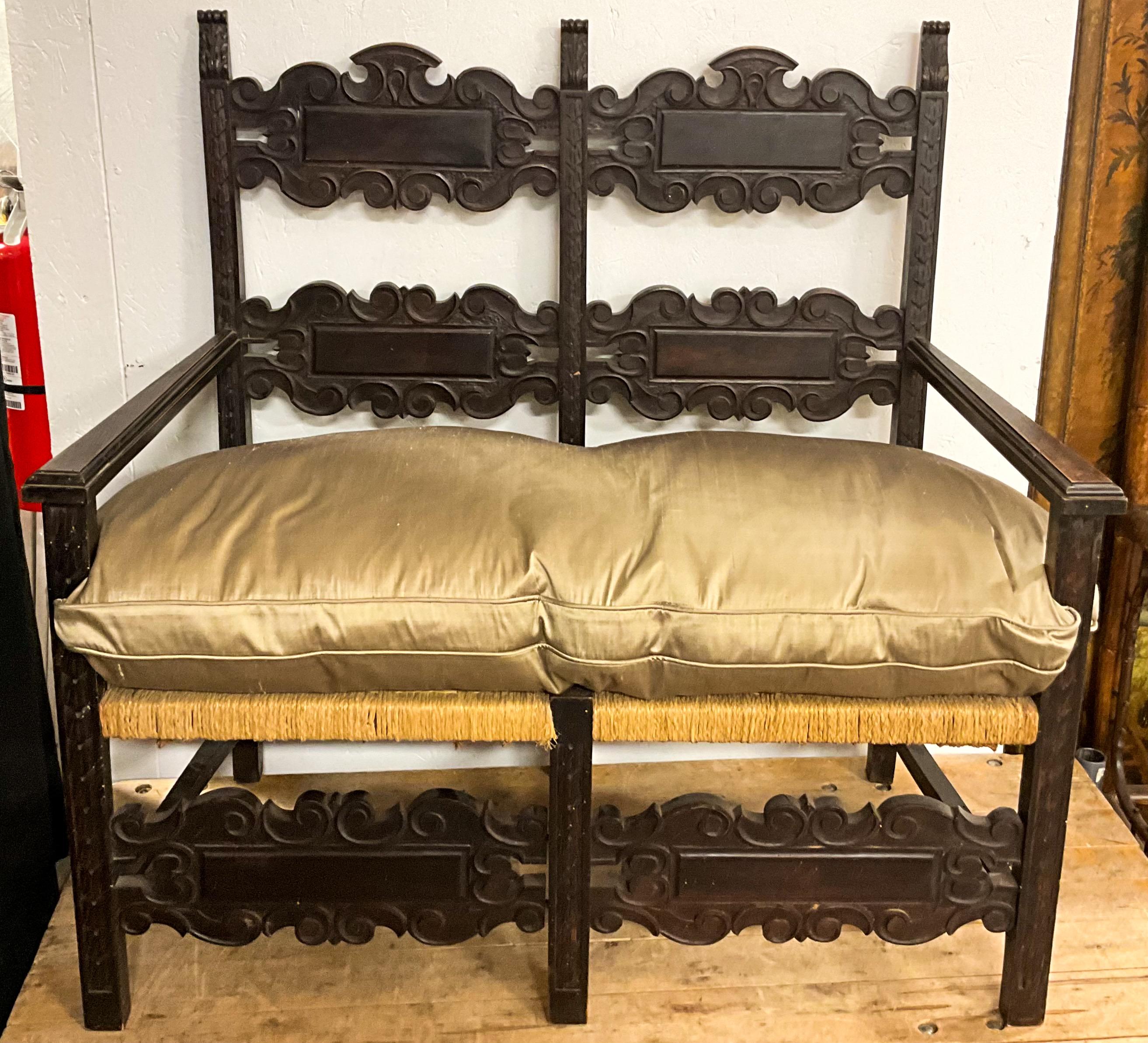 19th-C. French Ebonized Carved Oak Settee With Rush Seat & Silk Down Cushion For Sale 2