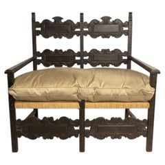 19th-C. French Ebonized Carved Oak Settee With Rush Seat & Silk Down Cushion