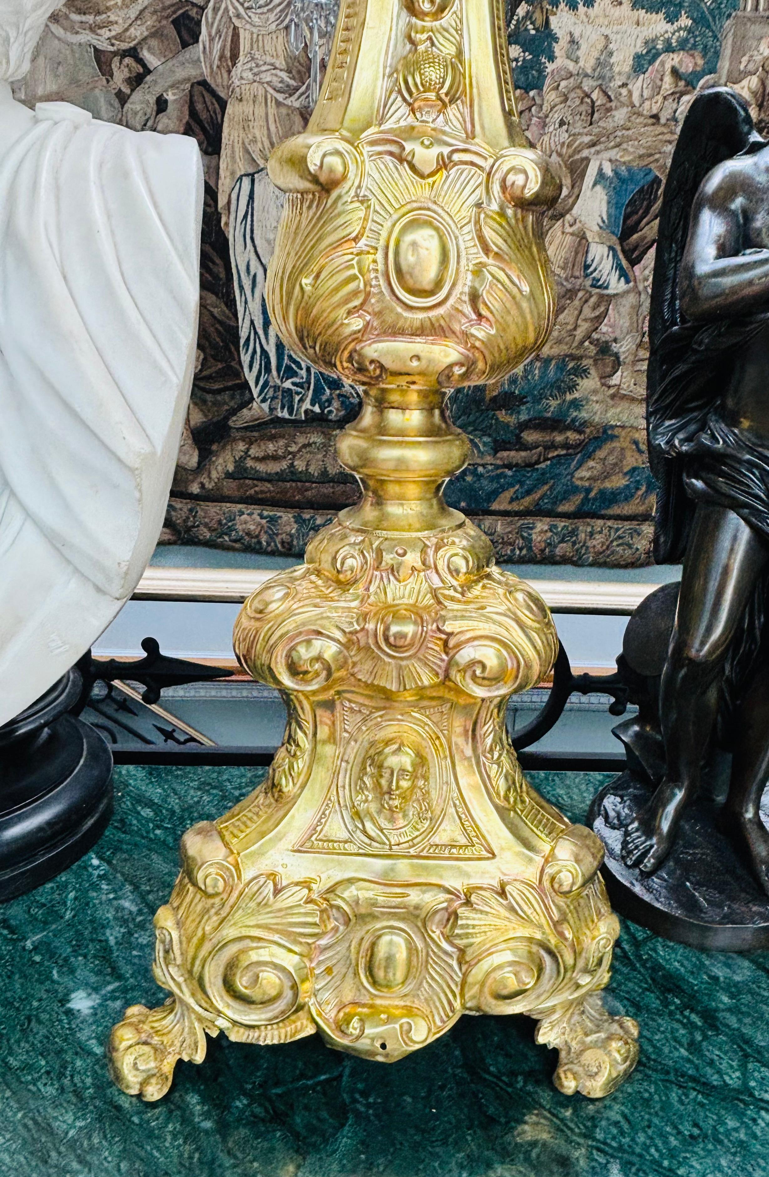 Cast 19th C French Ecclesiastical Candlestick Converted into a Lamp For Sale