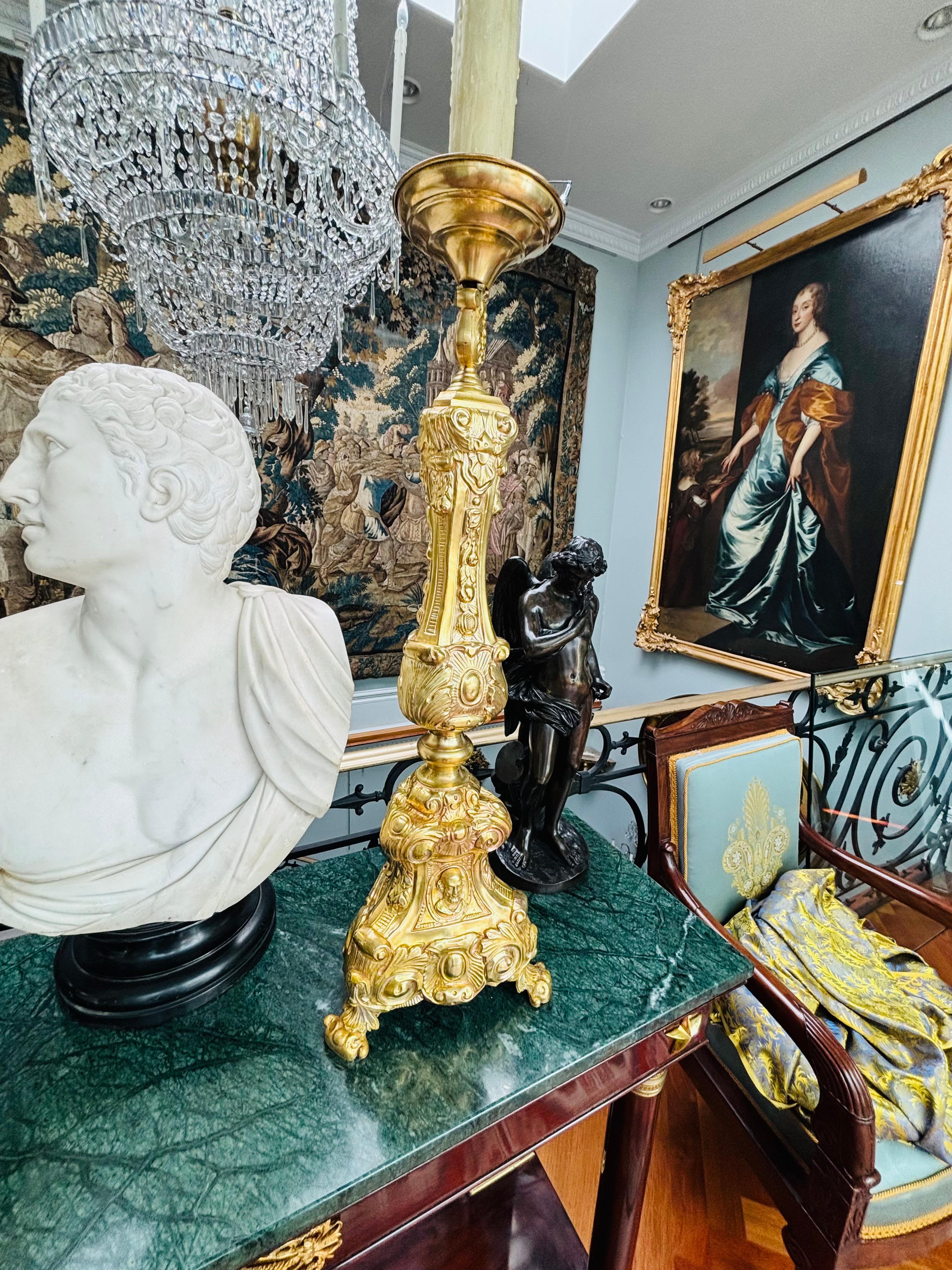 Brass 19th C French Ecclesiastical Candlestick Converted into a Lamp For Sale