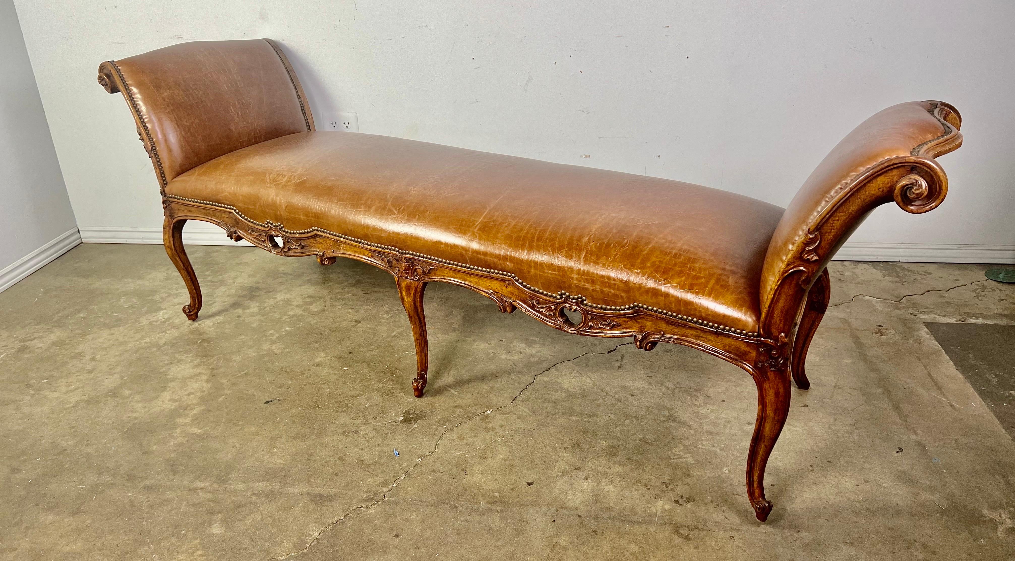 19th Century French Embossed Leather Four Legged Bench 8
