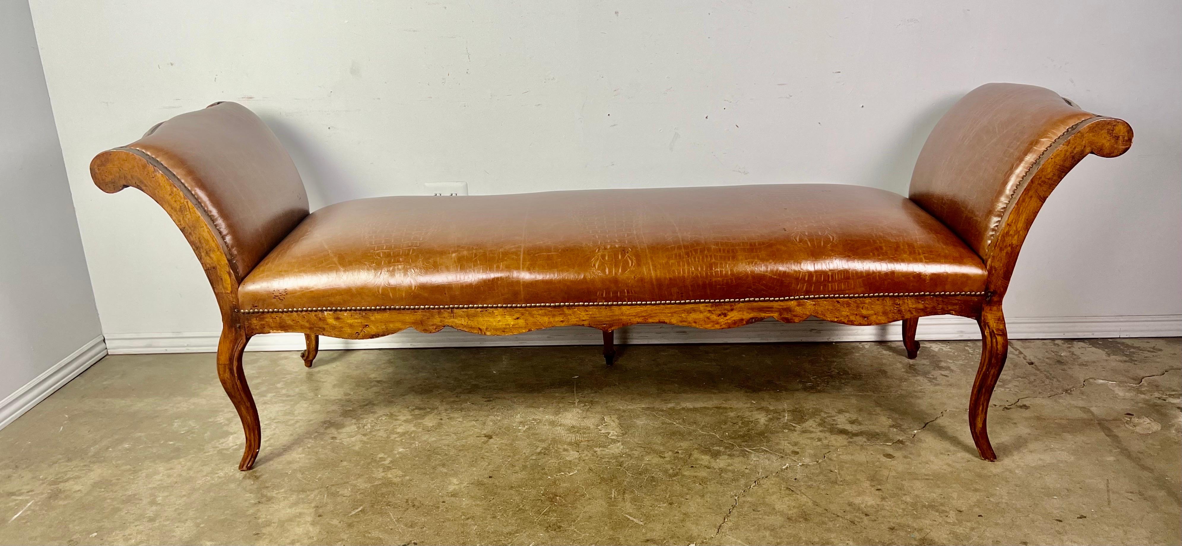 19th Century French Embossed Leather Four Legged Bench 9