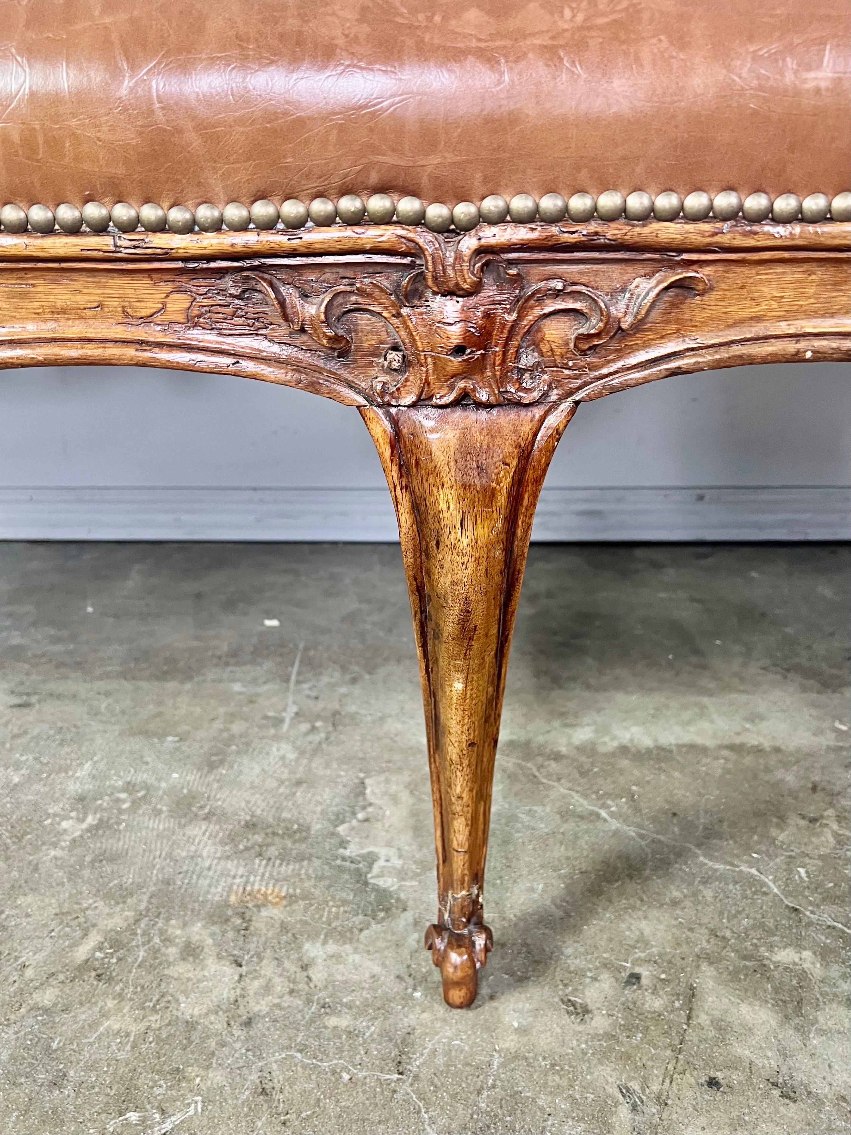 French Provincial 19th Century French Embossed Leather Four Legged Bench