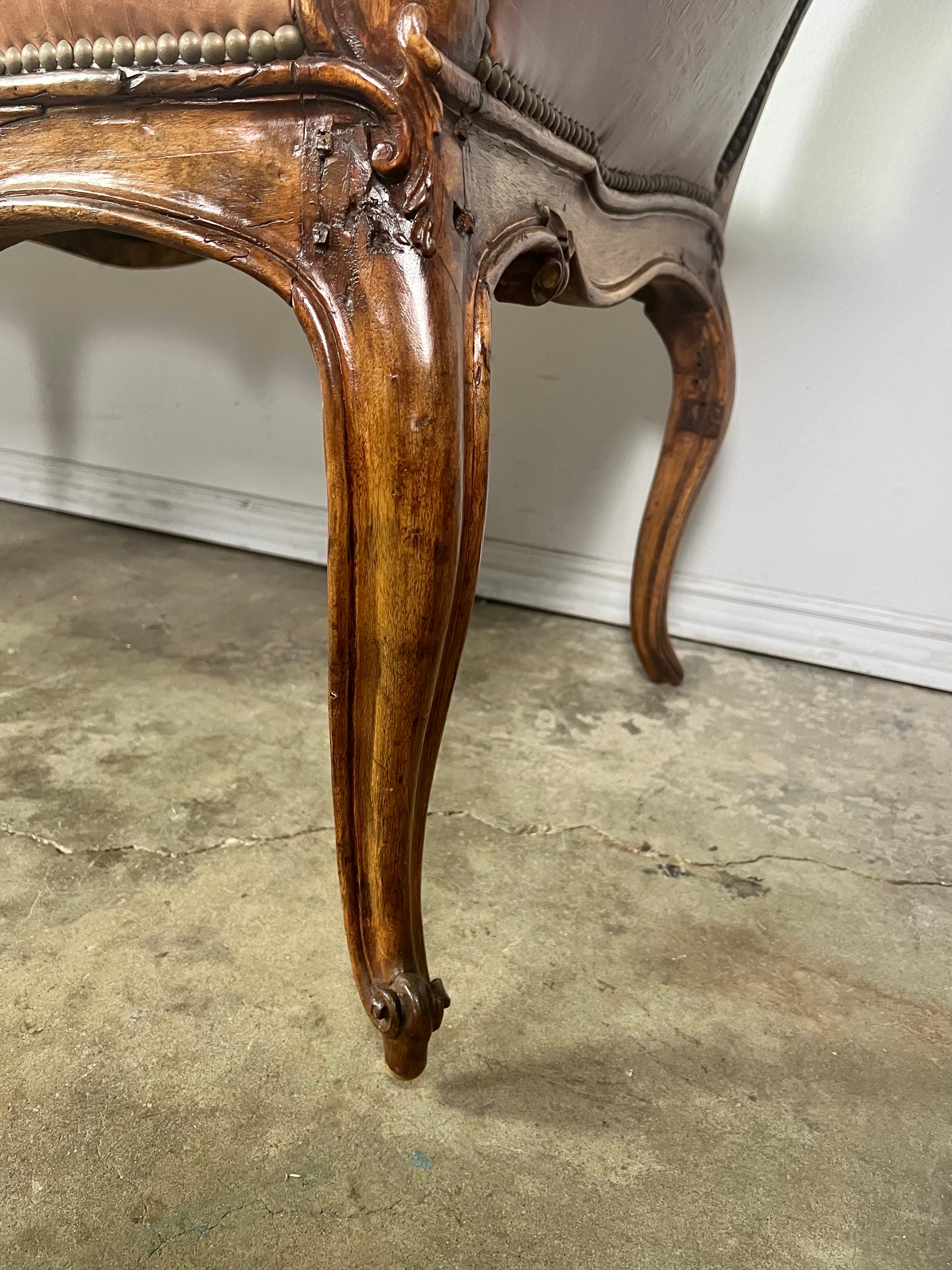 19th Century French Embossed Leather Four Legged Bench In Distressed Condition In Los Angeles, CA