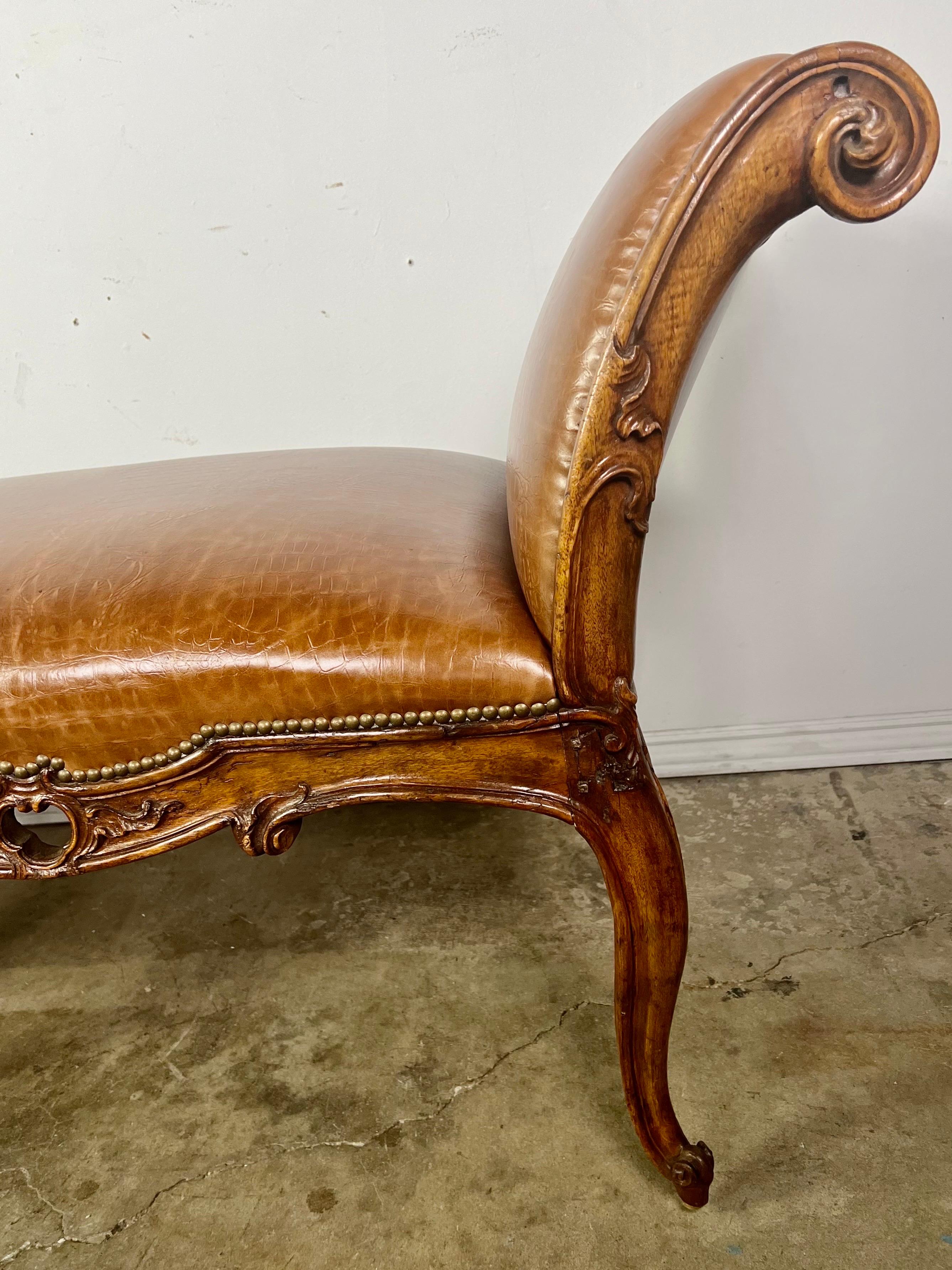 19th Century French Embossed Leather Four Legged Bench 1