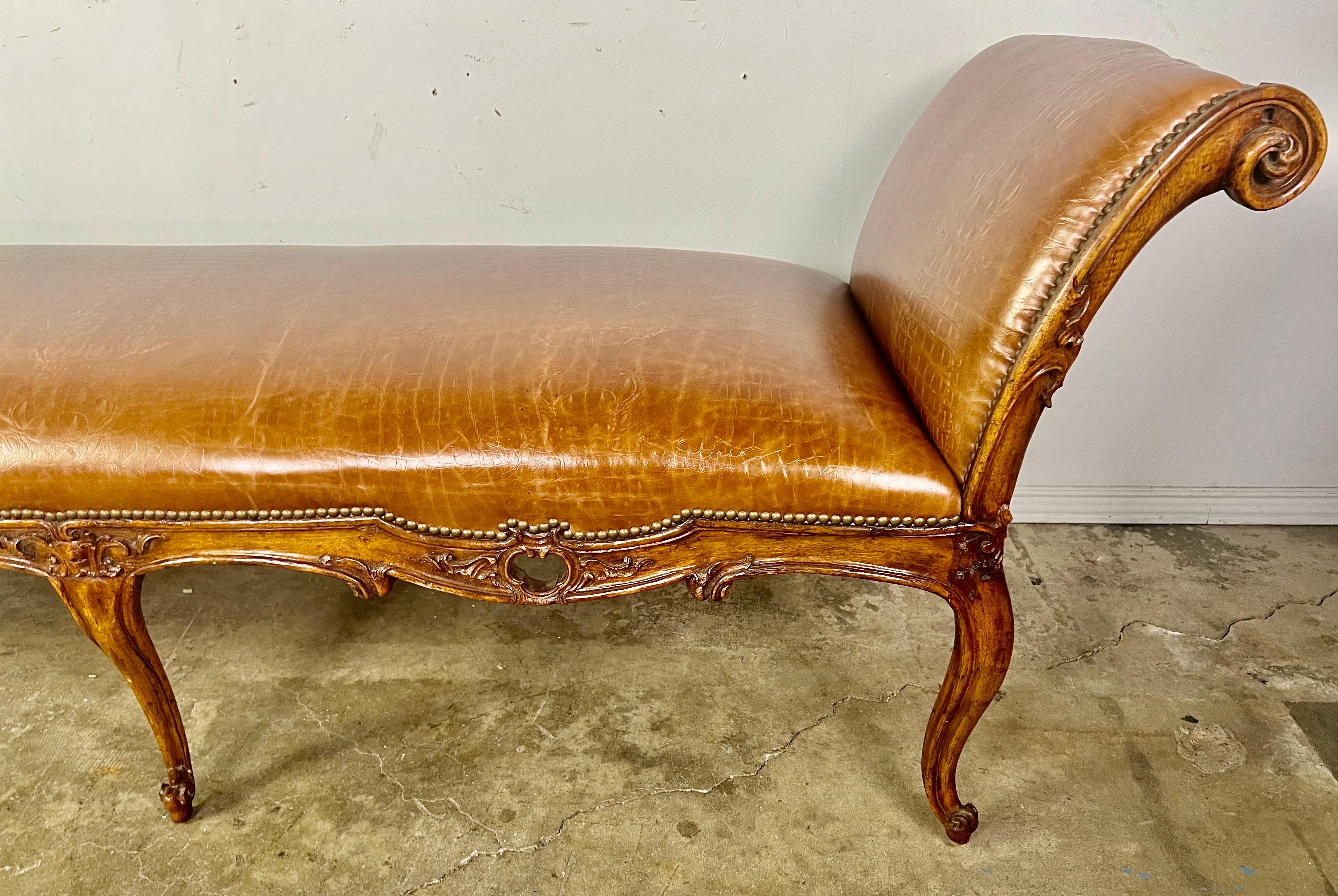 19th Century French Embossed Leather Four Legged Bench 2