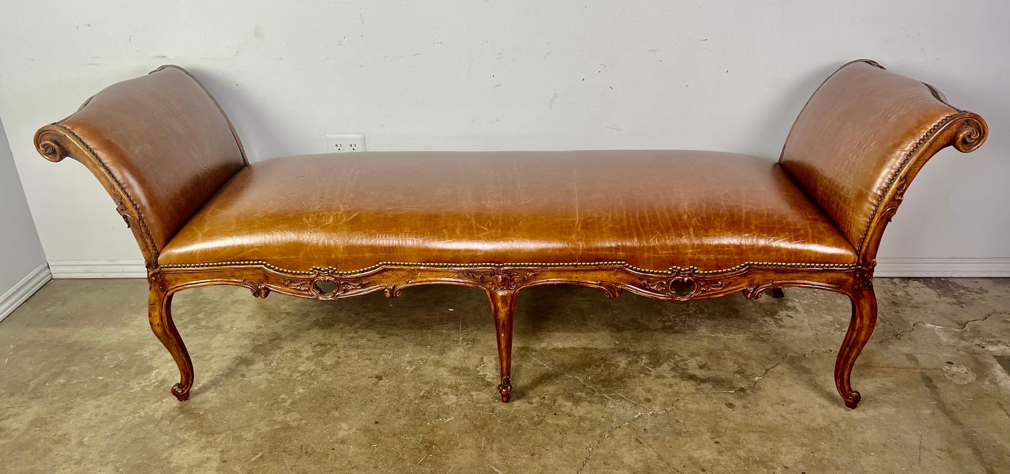 19th Century French Embossed Leather Four Legged Bench 3
