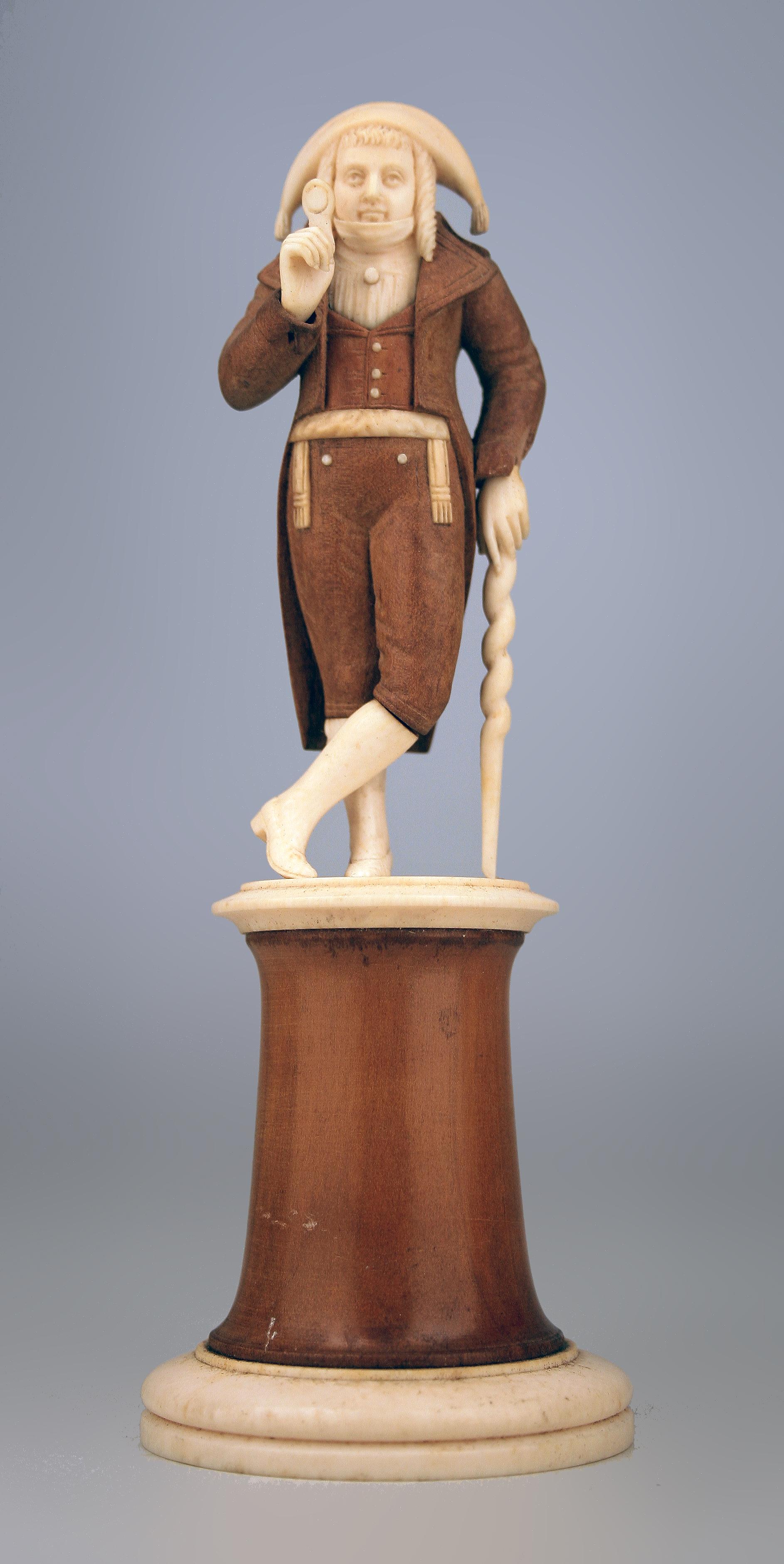 19th century French Empire hand-carved Dieppe wood and ivory sculpture of an 'Incroyable'

By: unknown
Material: wood, ivory
Technique: hand-carved, carved
Date: 19th century
Style: Empire, Napoleon III
Place of origin: France

This 19th century