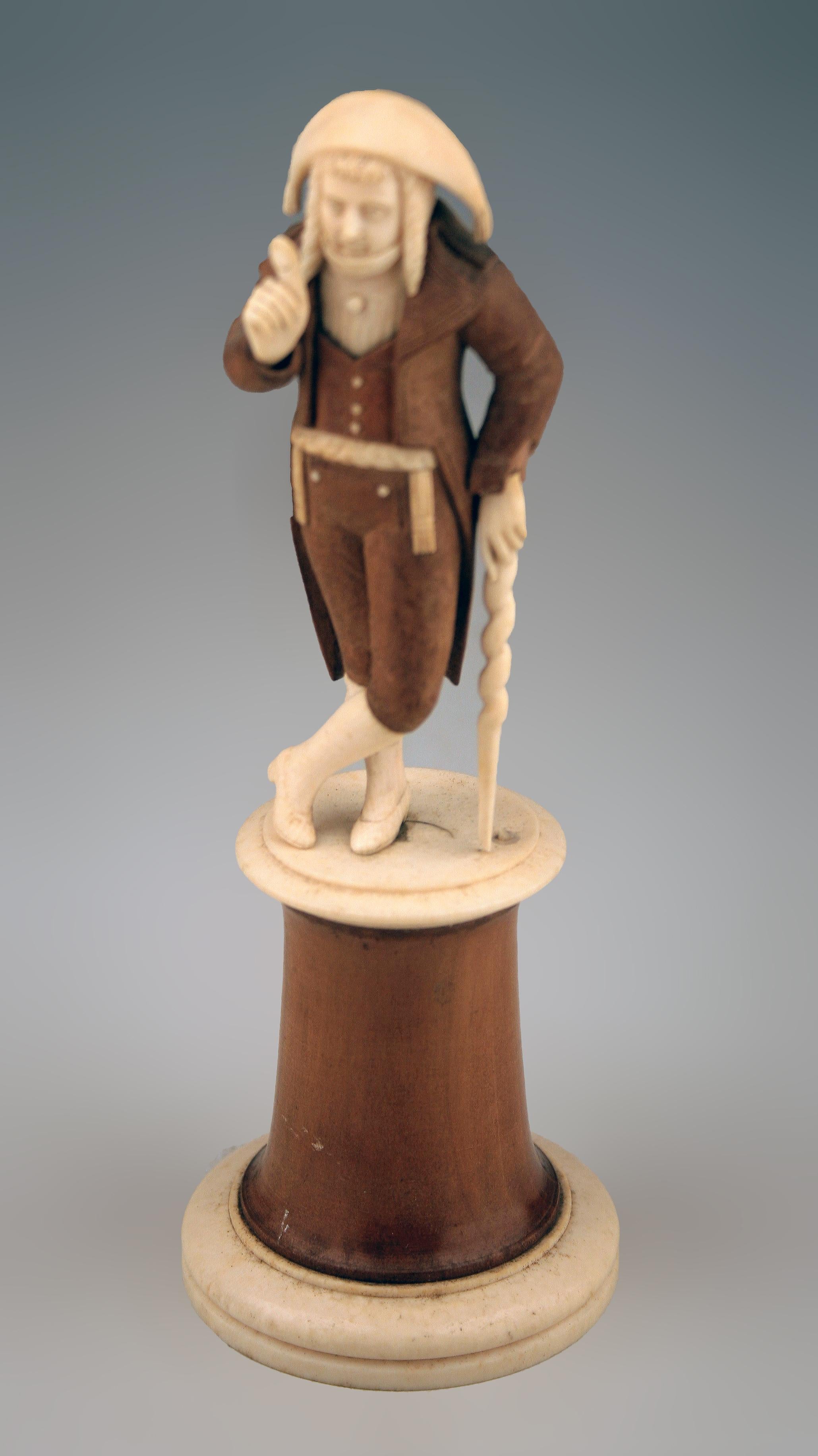 19th Century 19th C. French Empire Carved Dieppe Wood and Ivory Sculpture of an 'Incroyable'