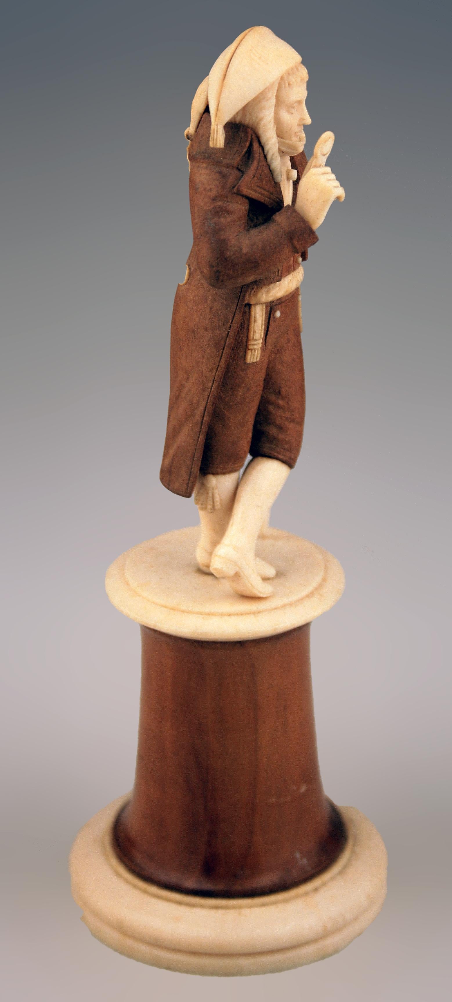 19th C. French Empire Carved Dieppe Wood and Ivory Sculpture of an 'Incroyable' 1