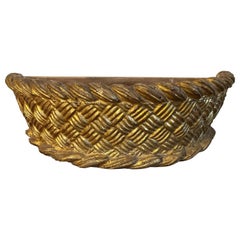 19th c French Empire Carved & Gilt Wood Basketweave Demilune Jardiniere Cachepot