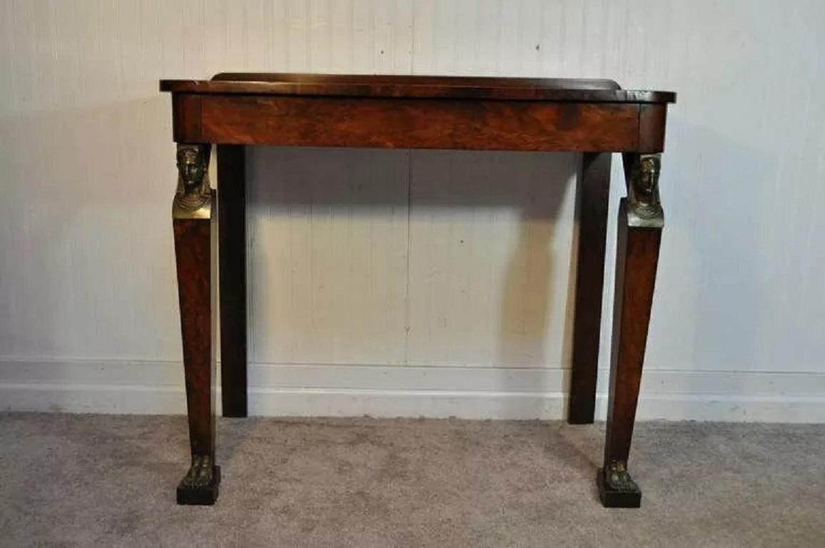 19th C. French Empire Crotch Mahogany Bronze Ormolu 1 Drawer Console Hall Table For Sale 4