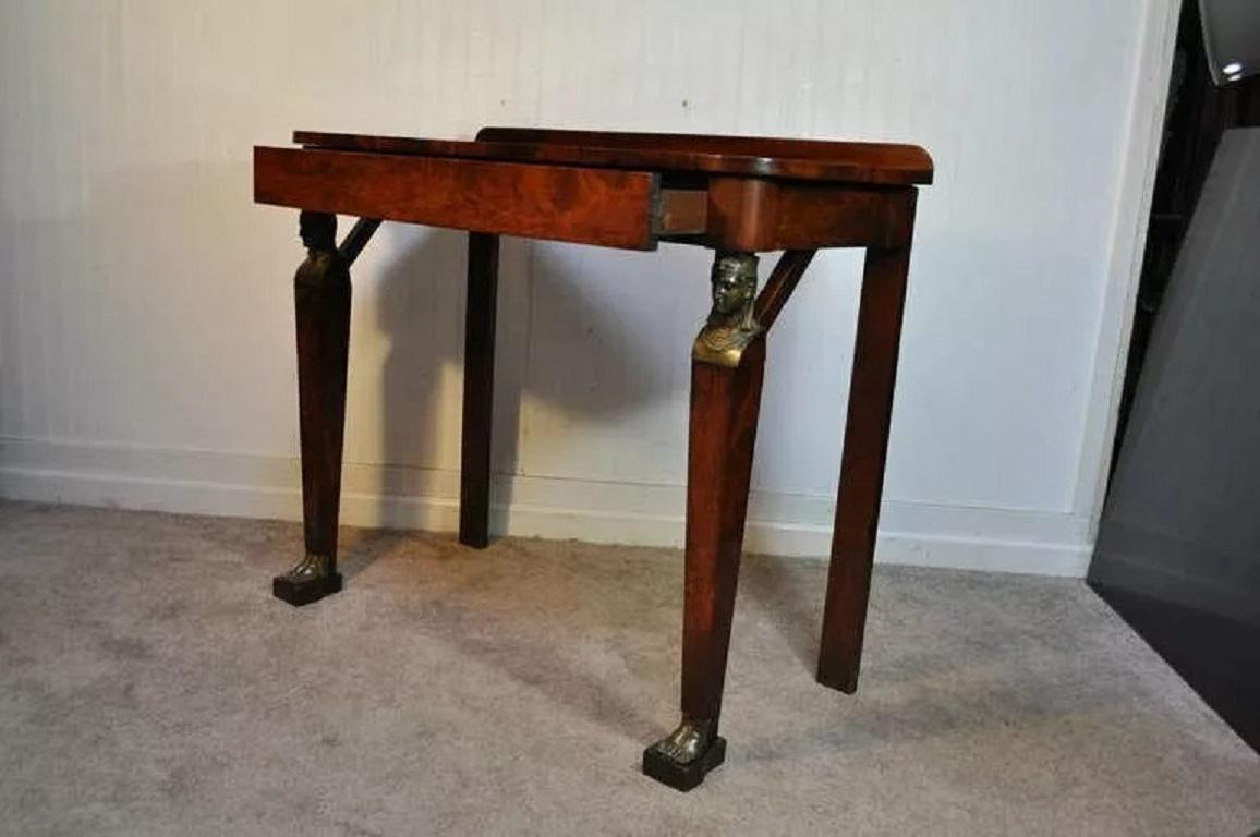 19th C. French Empire Crotch Mahogany Bronze Ormolu 1 Drawer Console Hall Table In Good Condition For Sale In Philadelphia, PA