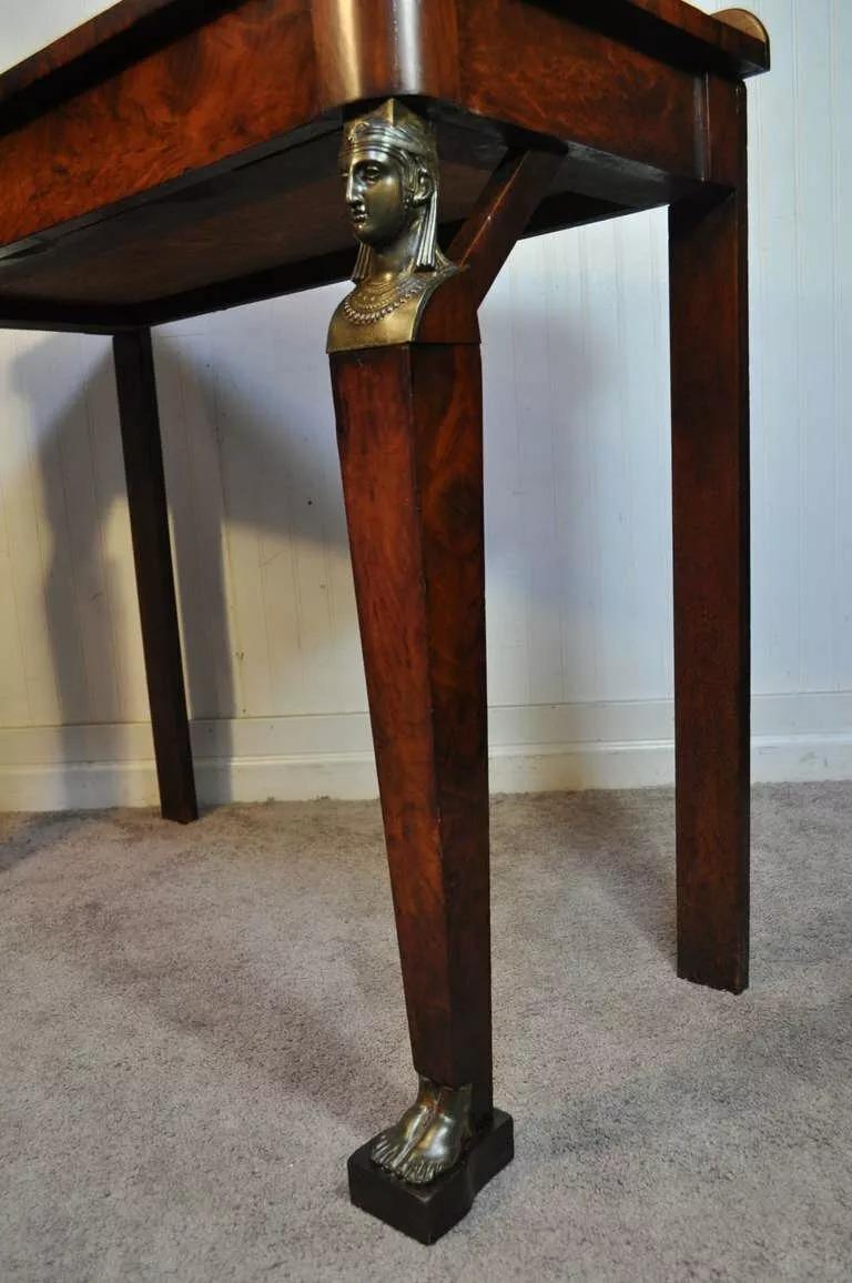 Metal 19th C. French Empire Crotch Mahogany Bronze Ormolu 1 Drawer Console Hall Table For Sale