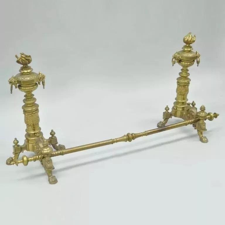 A.I.C. Neoclassical French Empire Flame & Lion Brass Paw Andirons & Bar - Pair en vente 3