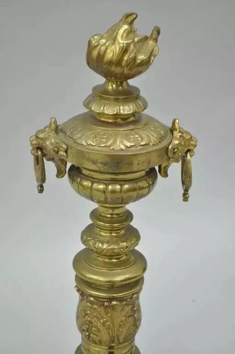 A.I.C. Neoclassical French Empire Flame & Lion Brass Paw Andirons & Bar - Pair Bon état - En vente à Philadelphia, PA
