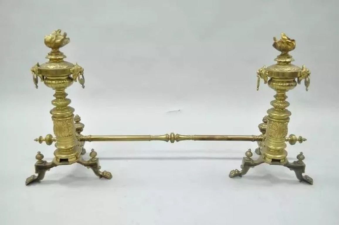 A.I.C. Neoclassical French Empire Flame & Lion Brass Paw Andirons & Bar - Pair en vente 1