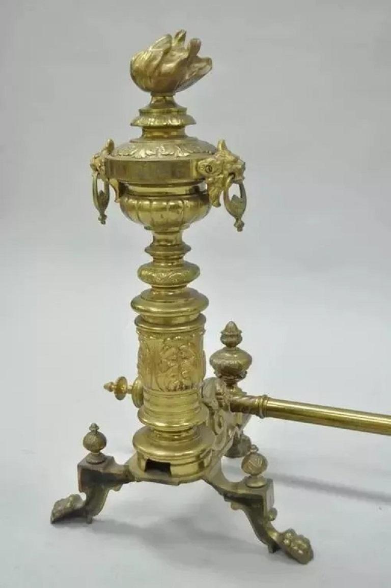 A.I.C. Neoclassical French Empire Flame & Lion Brass Paw Andirons & Bar - Pair en vente 2