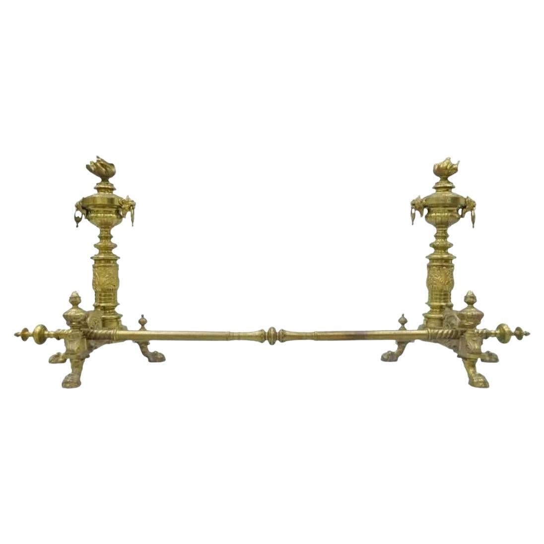 A.I.C. Neoclassical French Empire Flame & Lion Brass Paw Andirons & Bar - Pair en vente