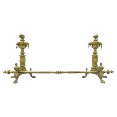 19th C. French Empire Neoclassical Flame & Lion Brass Paw Andirons & Bar - Pair