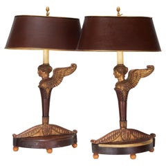 19th C. French Empire Parcel Giltwood Caryatid Candlestick Table Lamps - A Pair