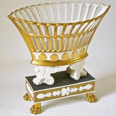 19th c. French Empire Paris Porcelain Corbeille Basket Lion Paw Feet Circa 1820