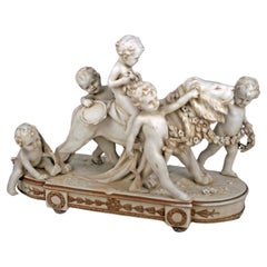 19th C. French Empire Putti Group and Lion Biscuit Porcelain Sculpture with Base