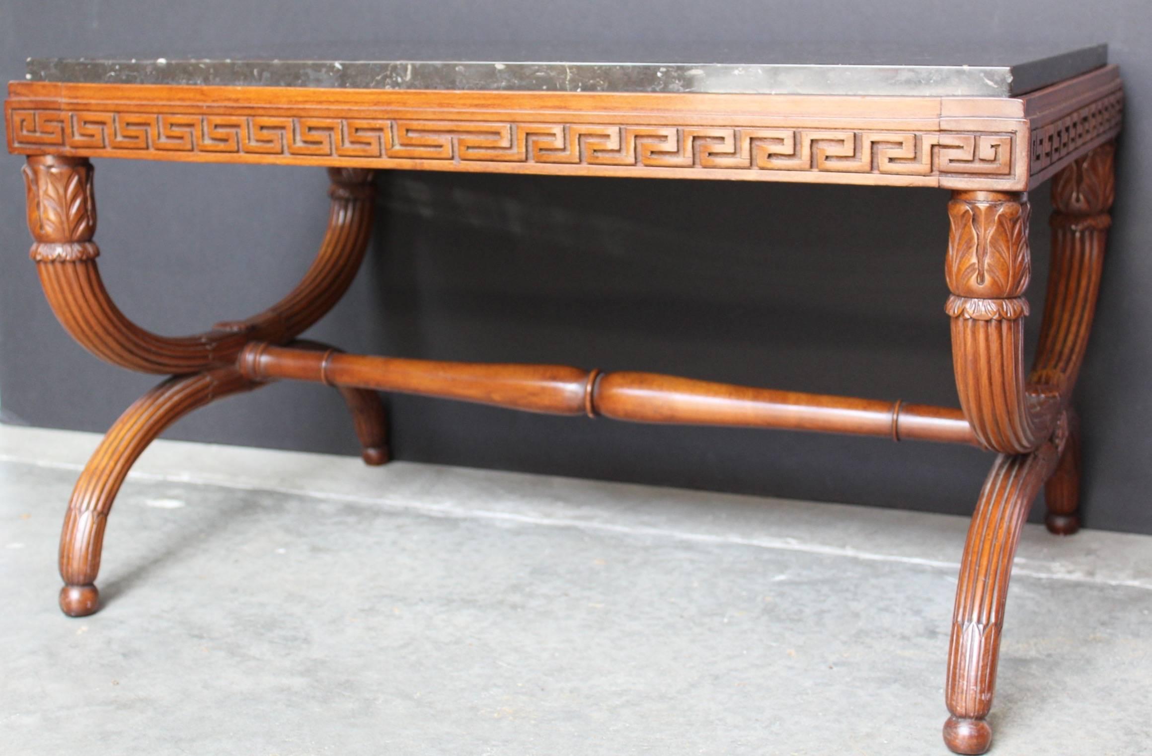 Hand-Carved 19th Century French Empire St. Carved Mahogany and Marble Top Low Table For Sale