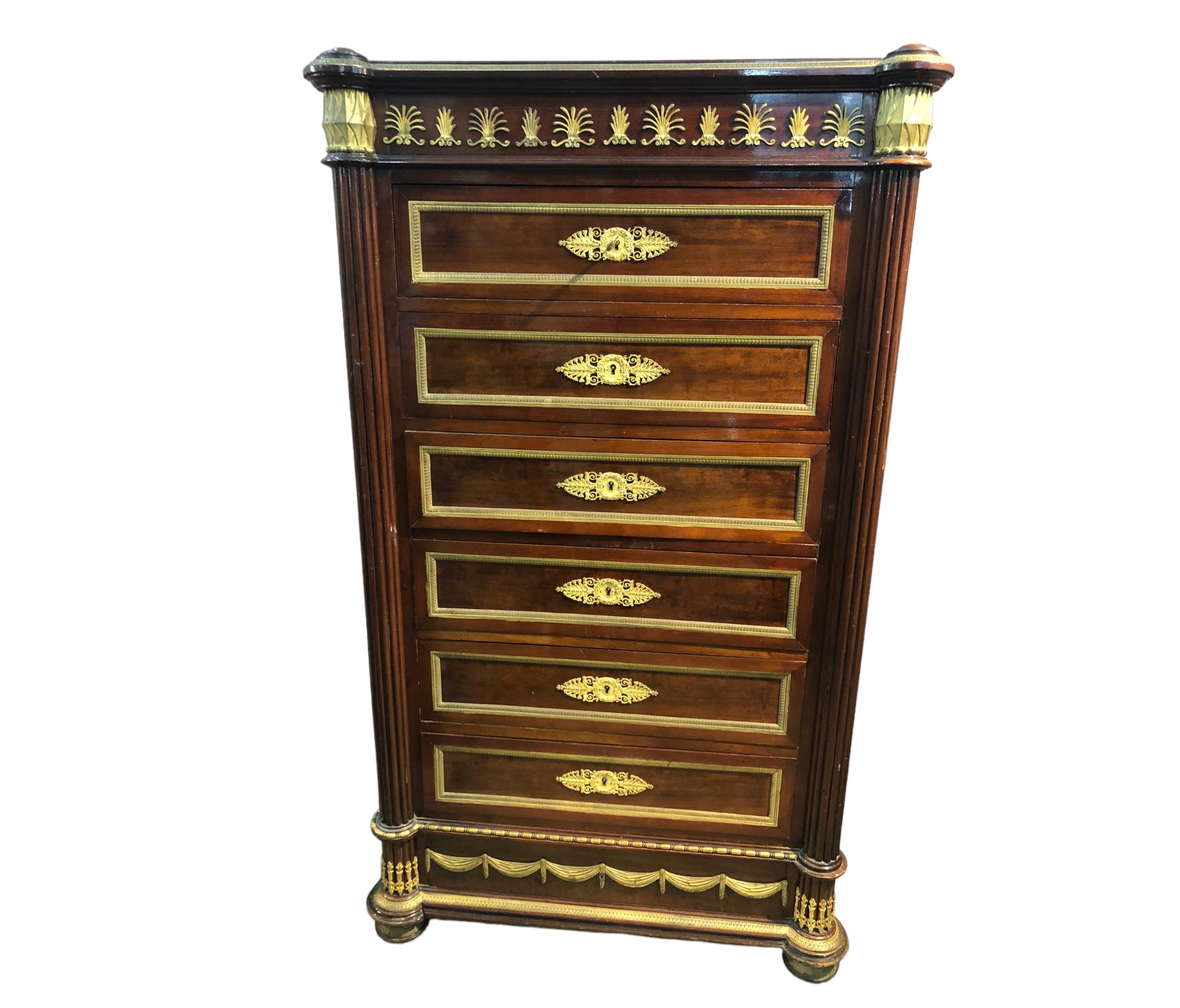 19th C. French Empire Style Ormolu Mounted Semainier Tall Chest For Sale 7