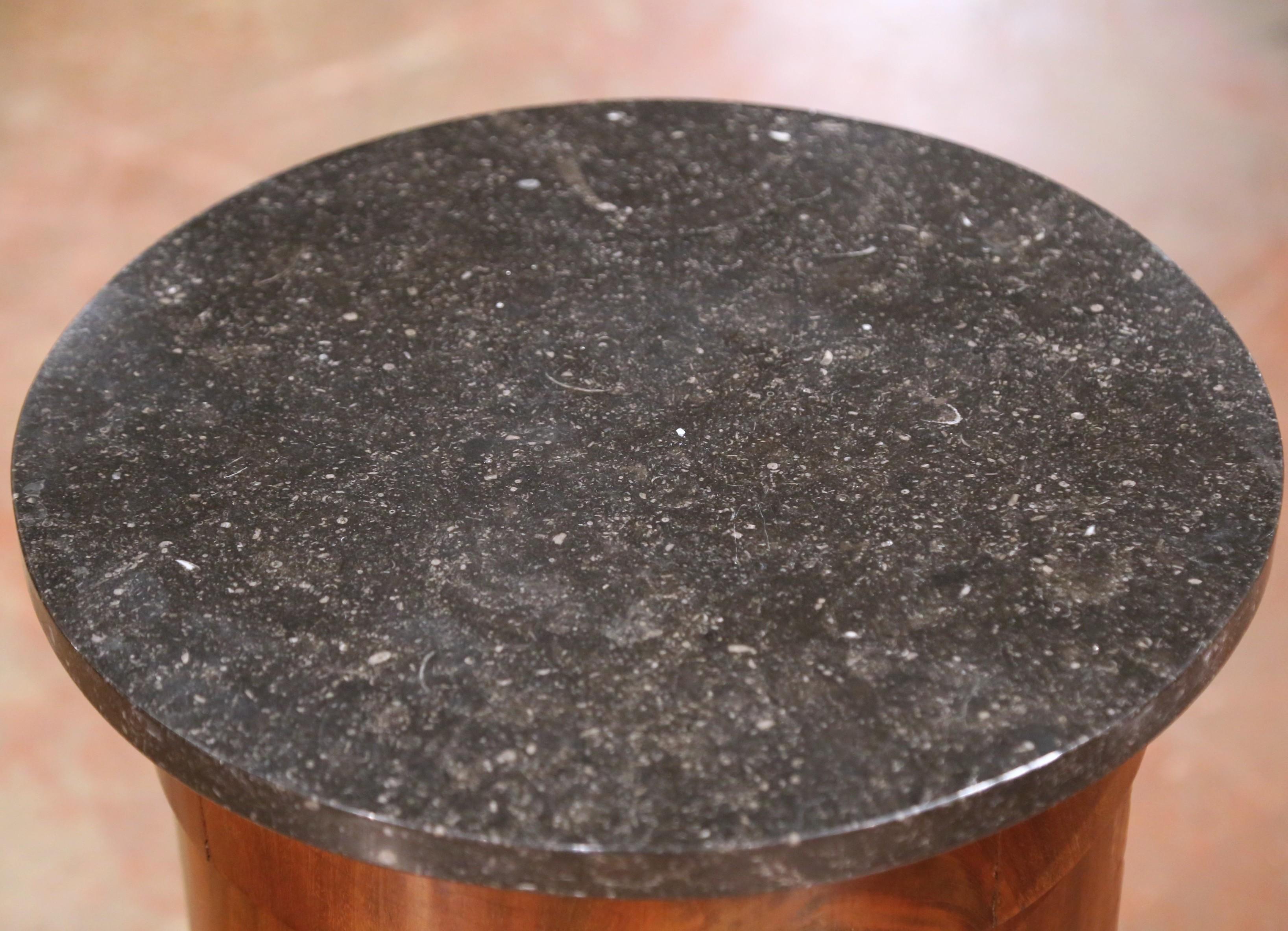 Hand-Carved 19th C. French Empire Style Walnut Bouillotte Table with Black Fossil Marble Top For Sale