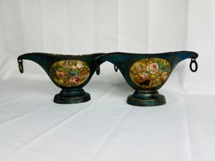 19th C. French Empire Tole Pedestal Jardiniere Cachepot Urn With Floral Paint