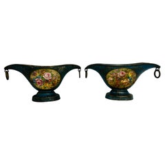 19th C. French Empire Tole Pedestal Jardiniere Cachepot Urn With Floral Paint