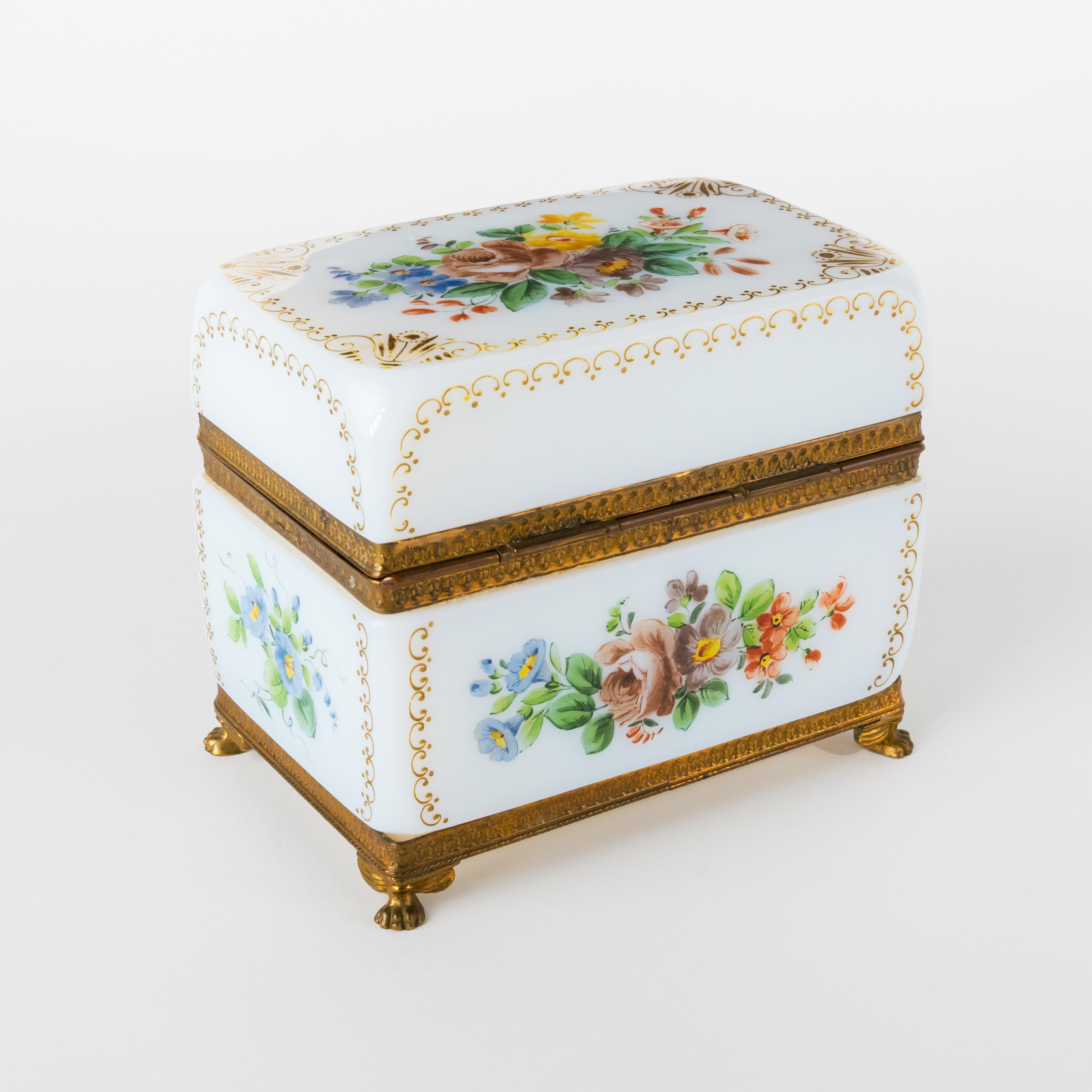 19th C. French enameled opaline glass gilt bronze mounted hinged box. The lock is in a working condition.

Measures: 5-1/4