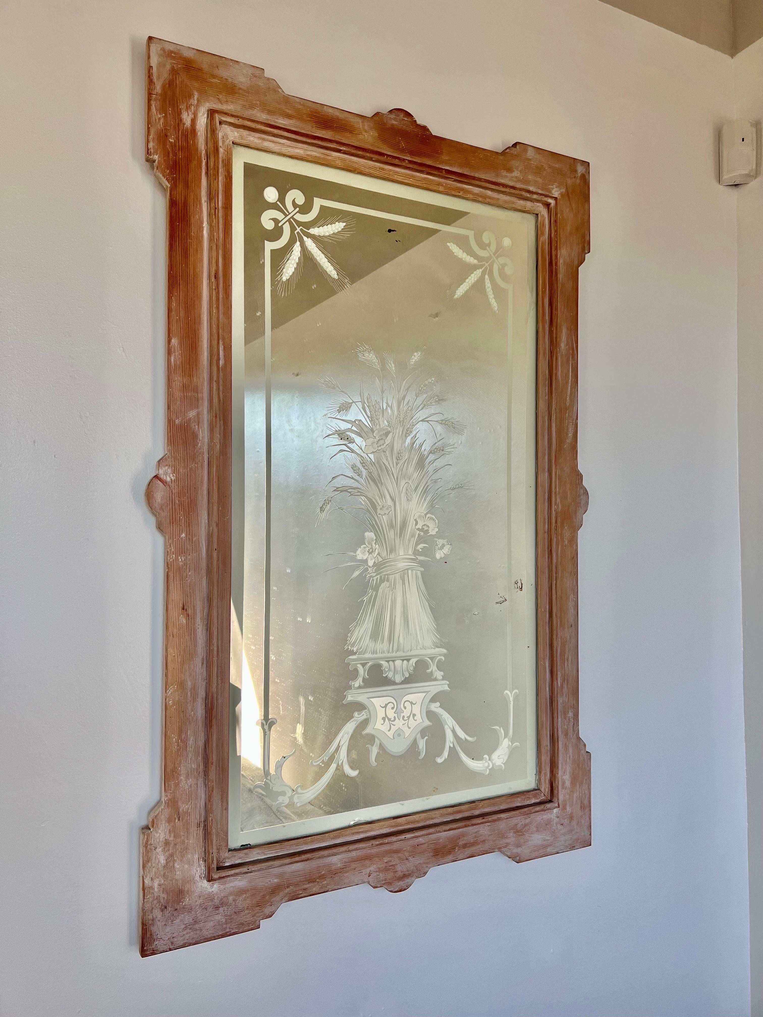 19th century French white washed wood framed mirror with beautiful etched glass depicting wheat and more.
