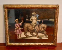 French Exotic Hand Painted Decoupage Mirror, Trainer with Monkey and Bear