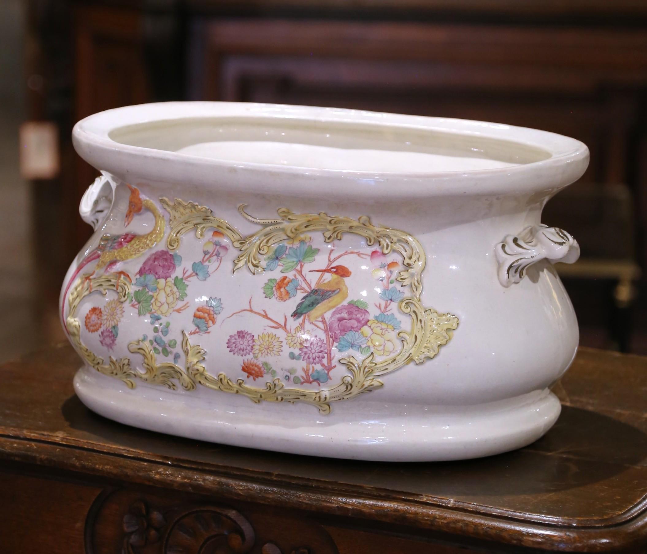 19th Century 19th C. French Faience Foot Bath with Chinoiserie Birds and Gilt Floral Reliefs For Sale