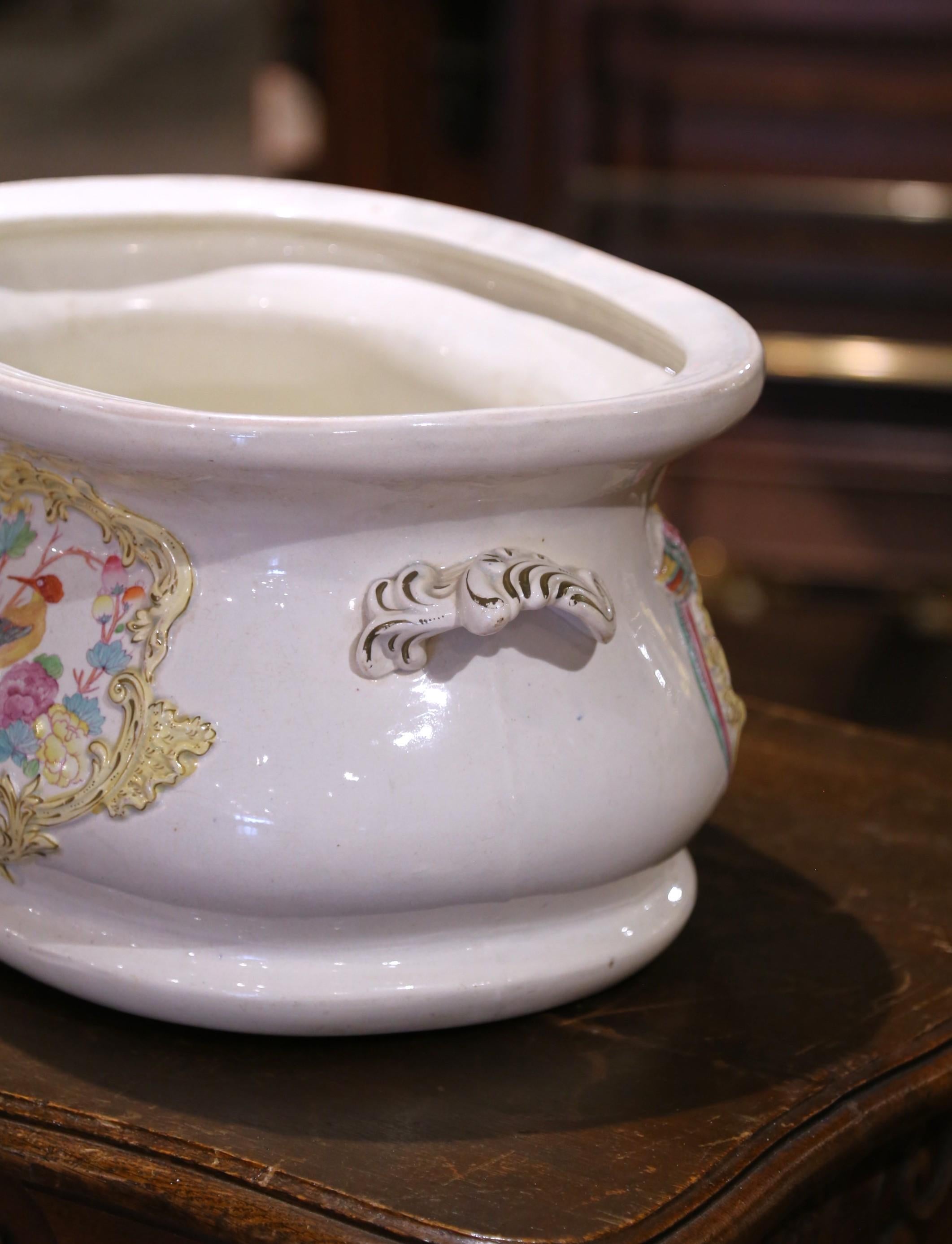 Porcelain 19th C. French Faience Foot Bath with Chinoiserie Birds and Gilt Floral Reliefs For Sale