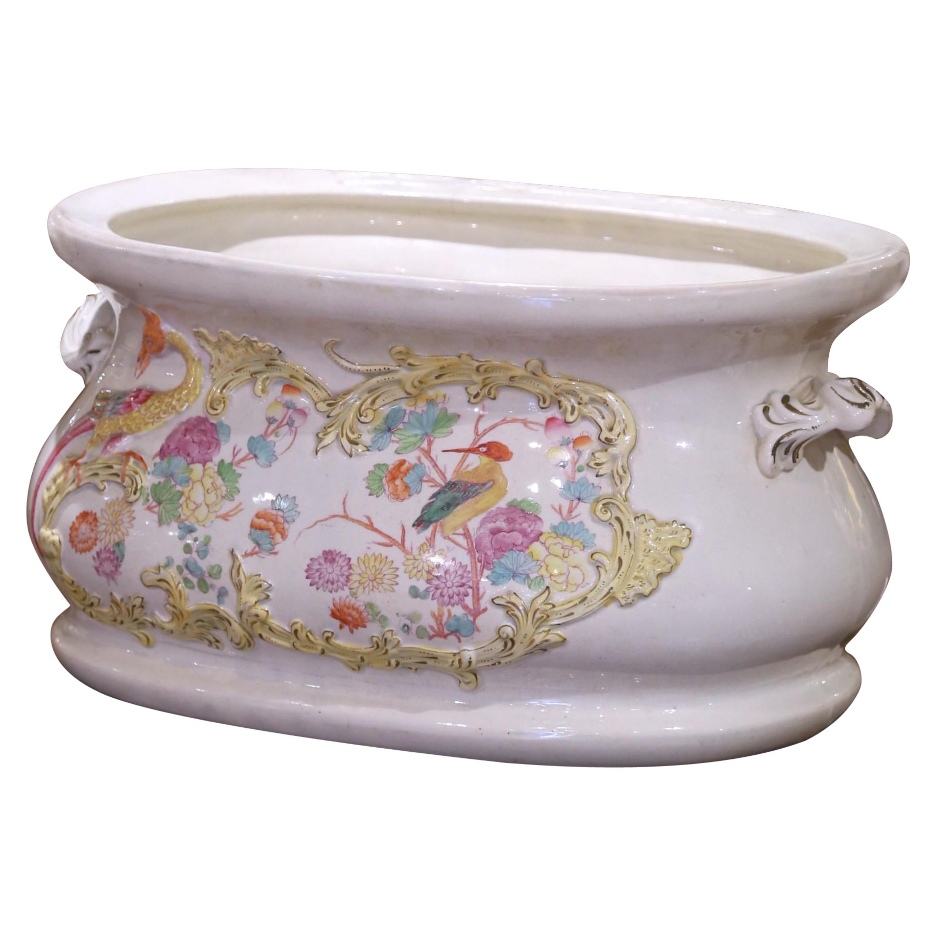 19th C. French Faience Foot Bath with Chinoiserie Birds and Gilt Floral Reliefs For Sale