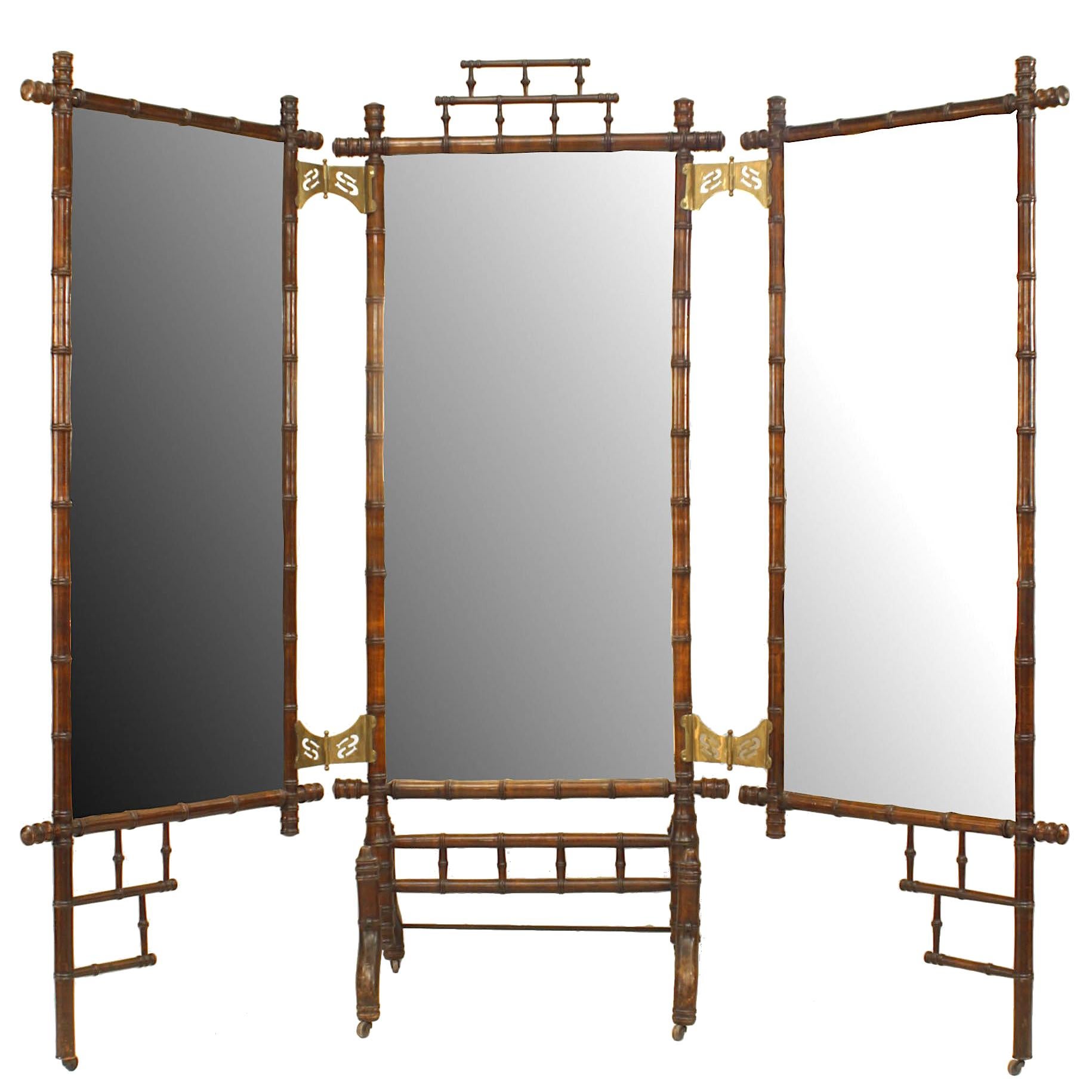 French Victorian Faux Bamboo Triptych Cheval Mirror