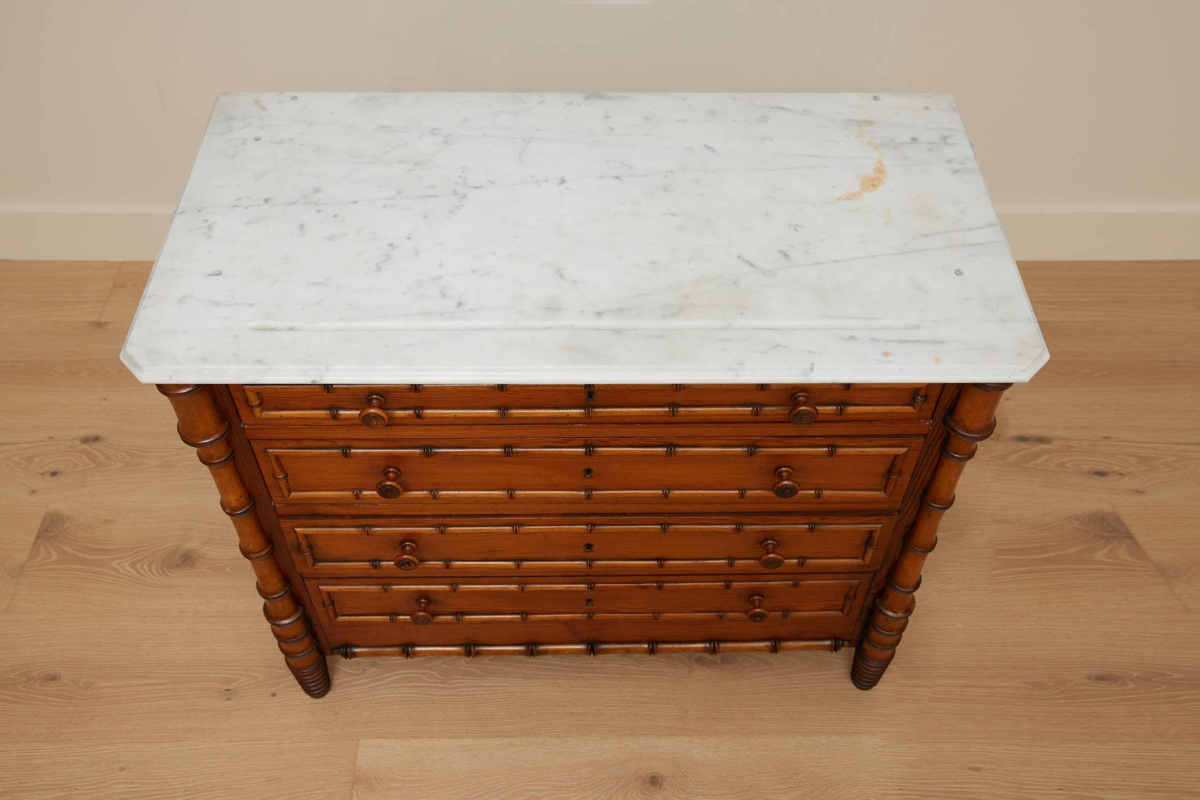 19th-C. French Faux Bamboo Pine & Marble Chest / Commode In Good Condition In Santa Monica, CA